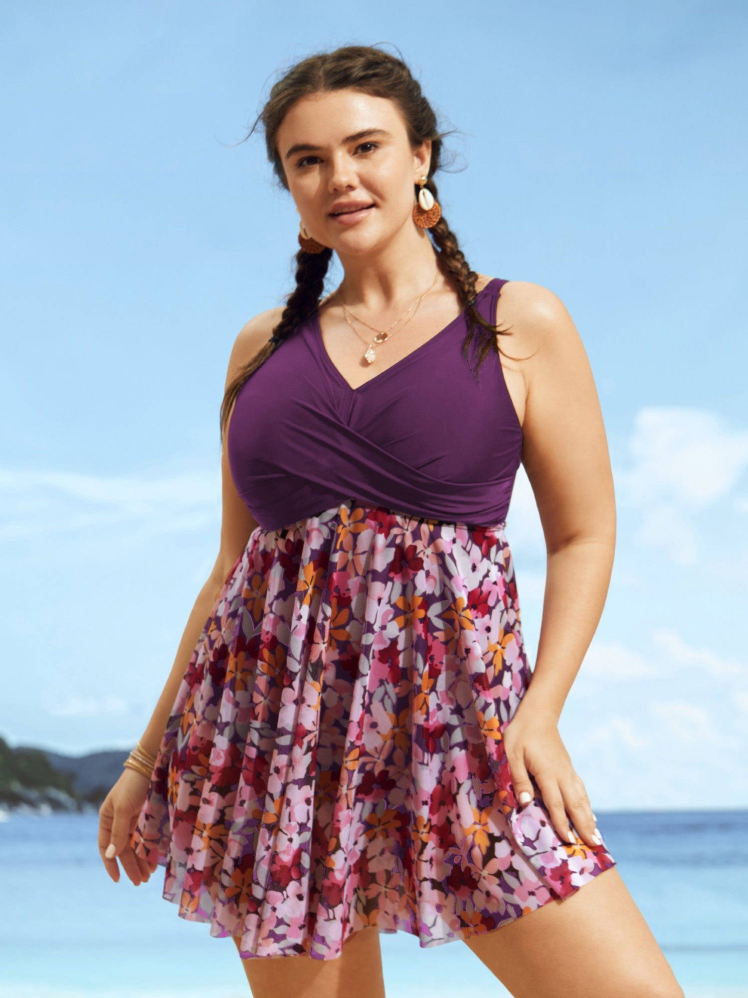 Floral Patchwork Mesh Crossover Swim Dress - Image 9