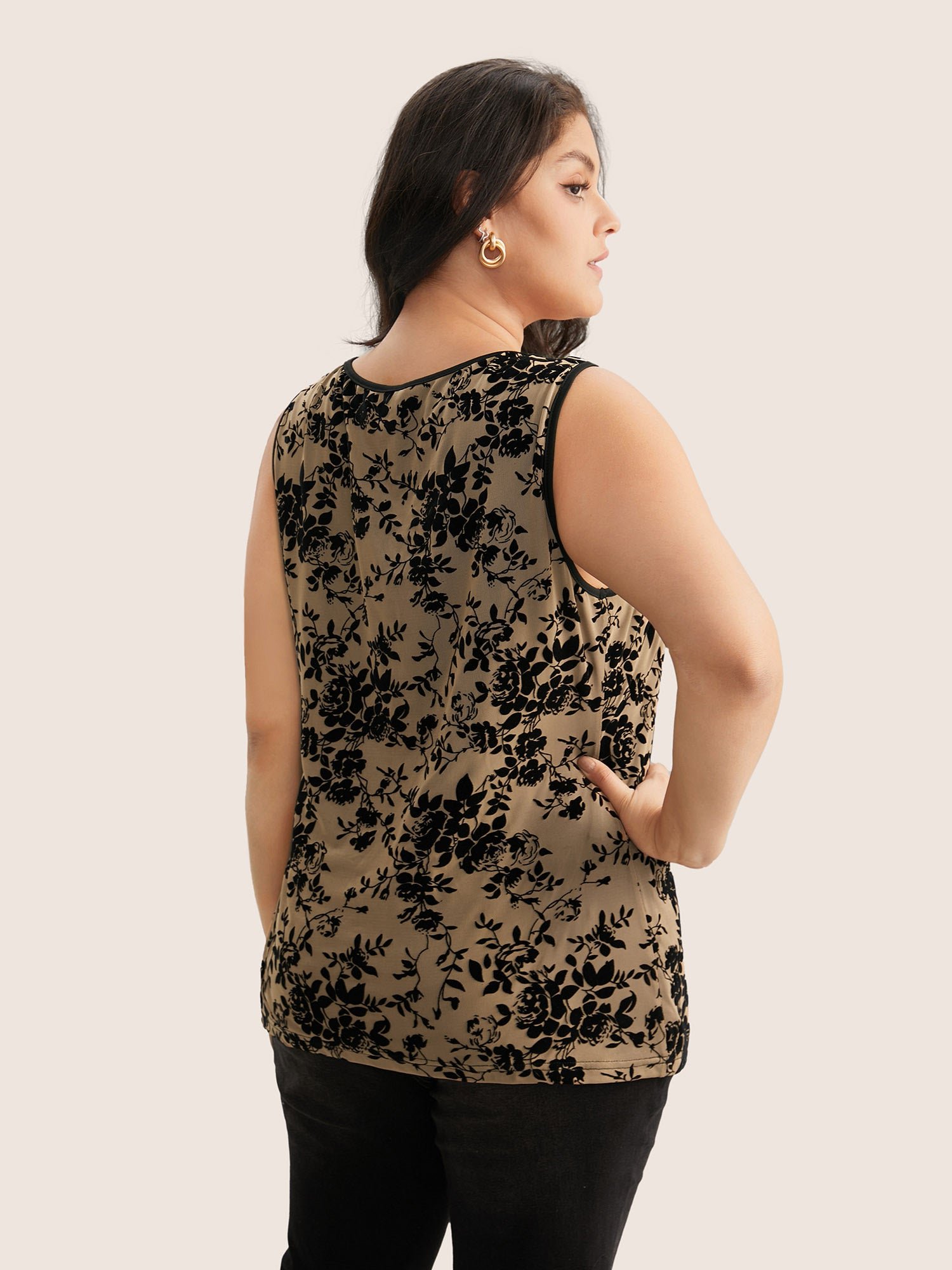 Silhouette Floral Print Flocking Square Neck Tank Top - Image 6
