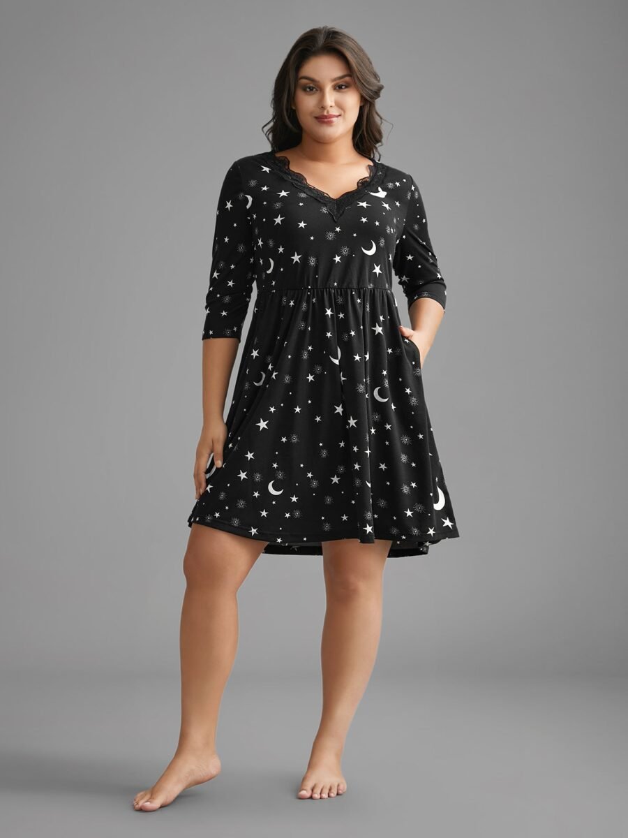 Moon & Star Print Lace Trim Sleep Dress - Image 3