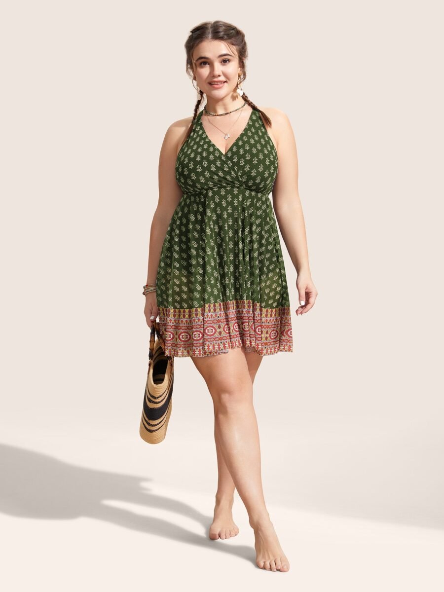 Overlap Collar Boho Print Patchwork Swim Dress - Image 19