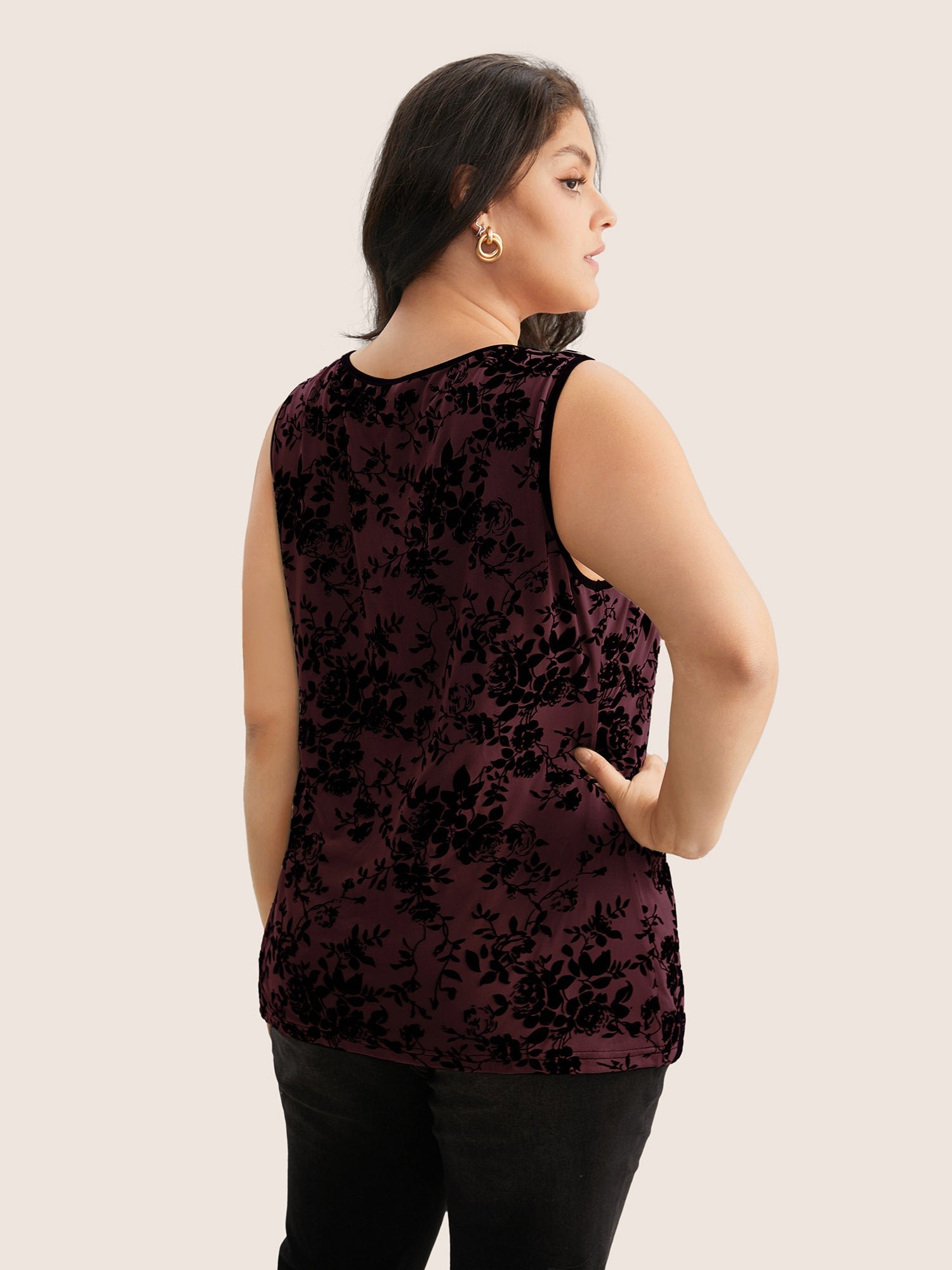 Silhouette Floral Print Flocking Square Neck Tank Top - Image 2