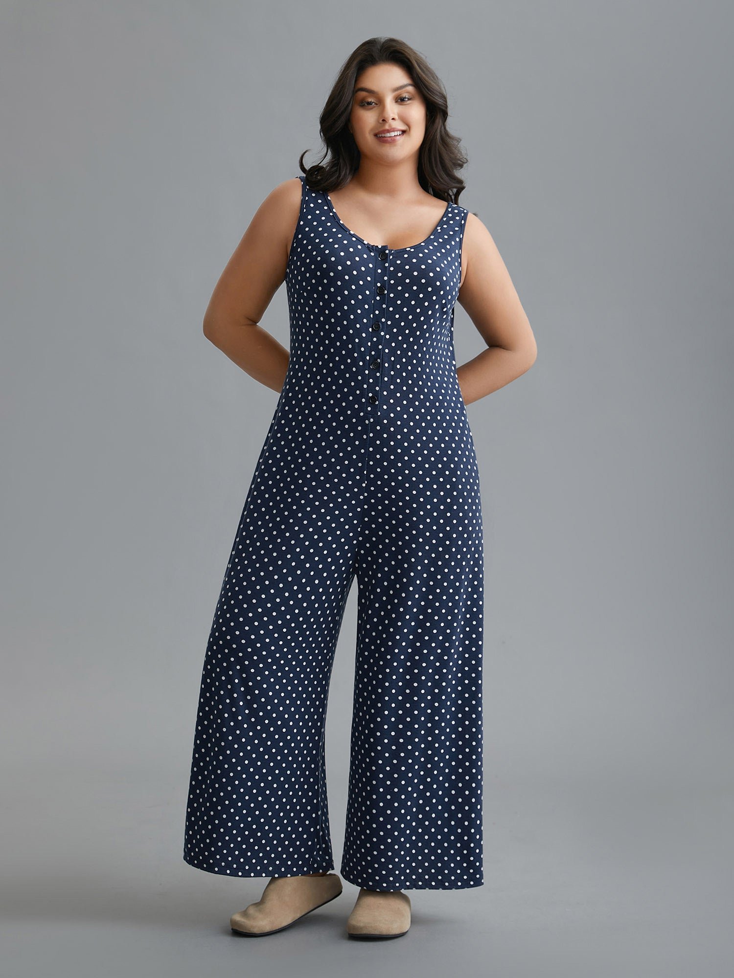 U Neck Polka Dot Button Up Sleep Jumpsuit - Image 3