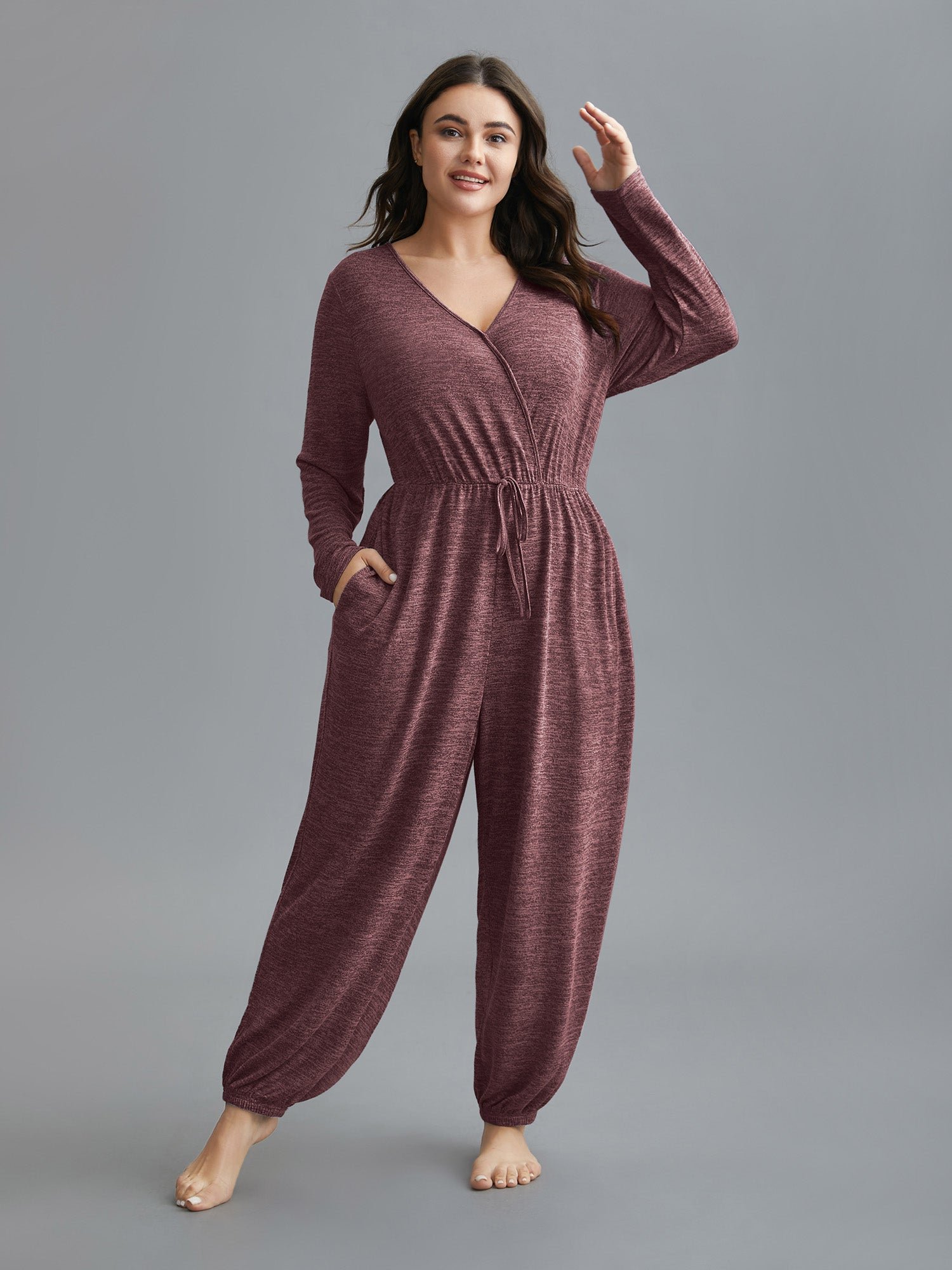 Elastic Waist Overlap Collar Lounge Jumpsuit - Image 27