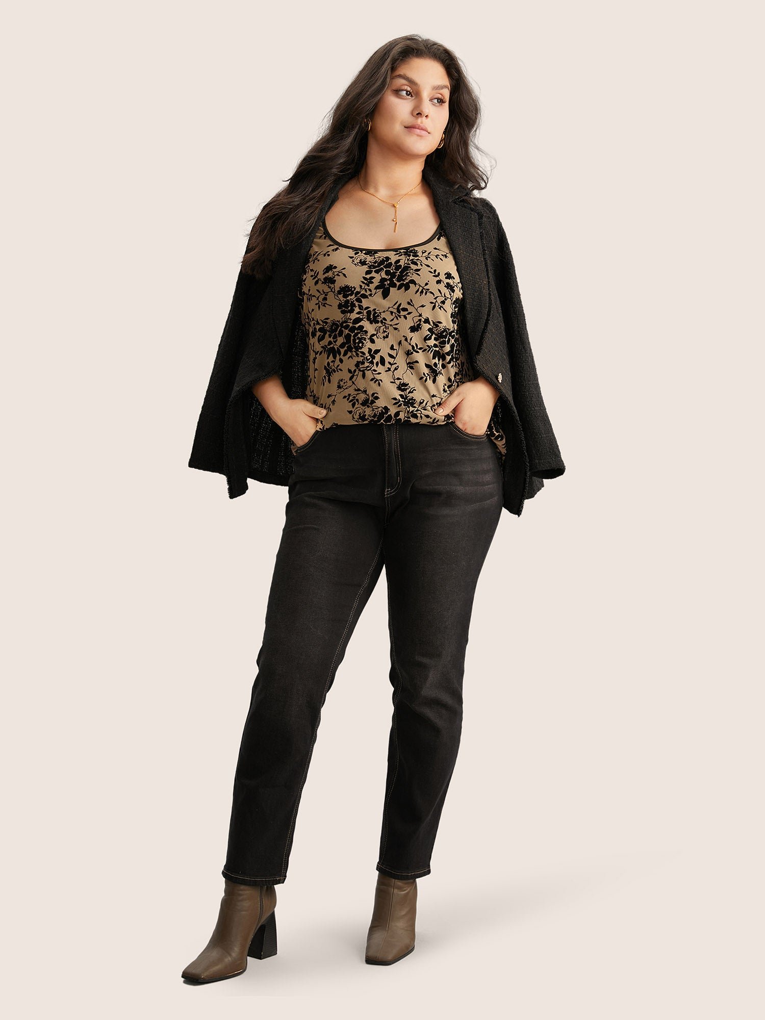 Silhouette Floral Print Flocking Square Neck Tank Top - Image 8