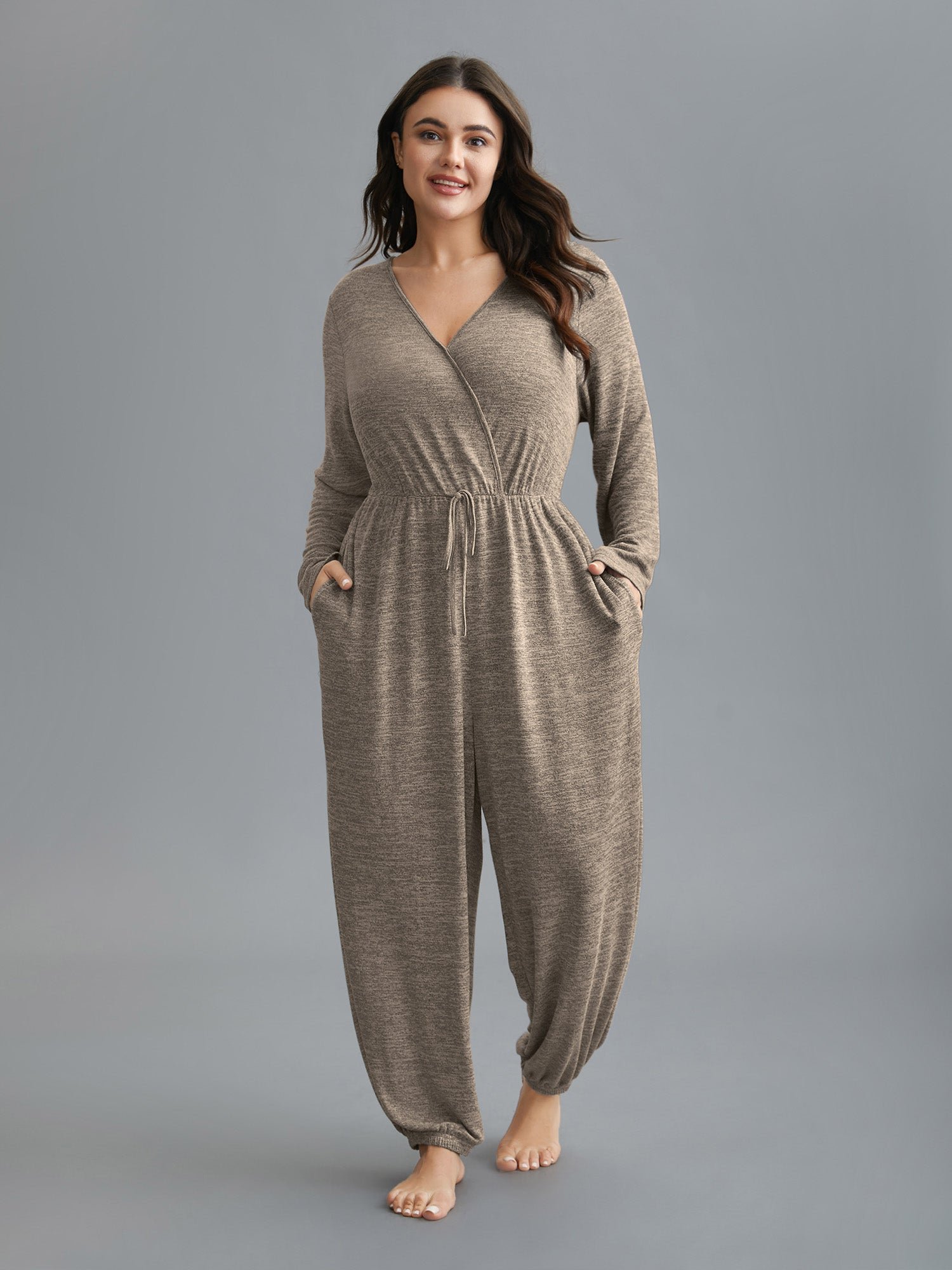 Elastic Waist Overlap Collar Lounge Jumpsuit - Image 44
