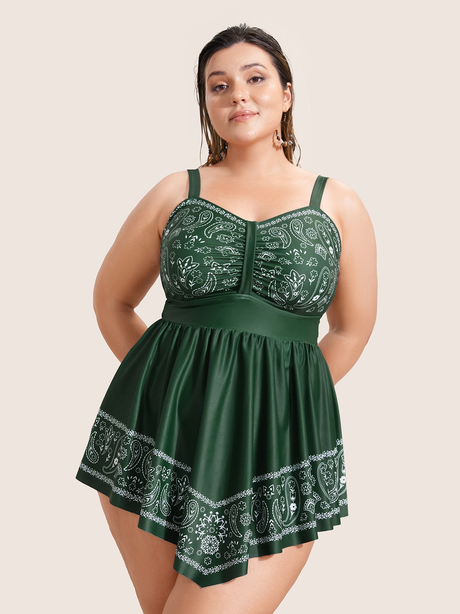 Paisley Print Ruched Adjustable Straps Swim Dress - Image 4