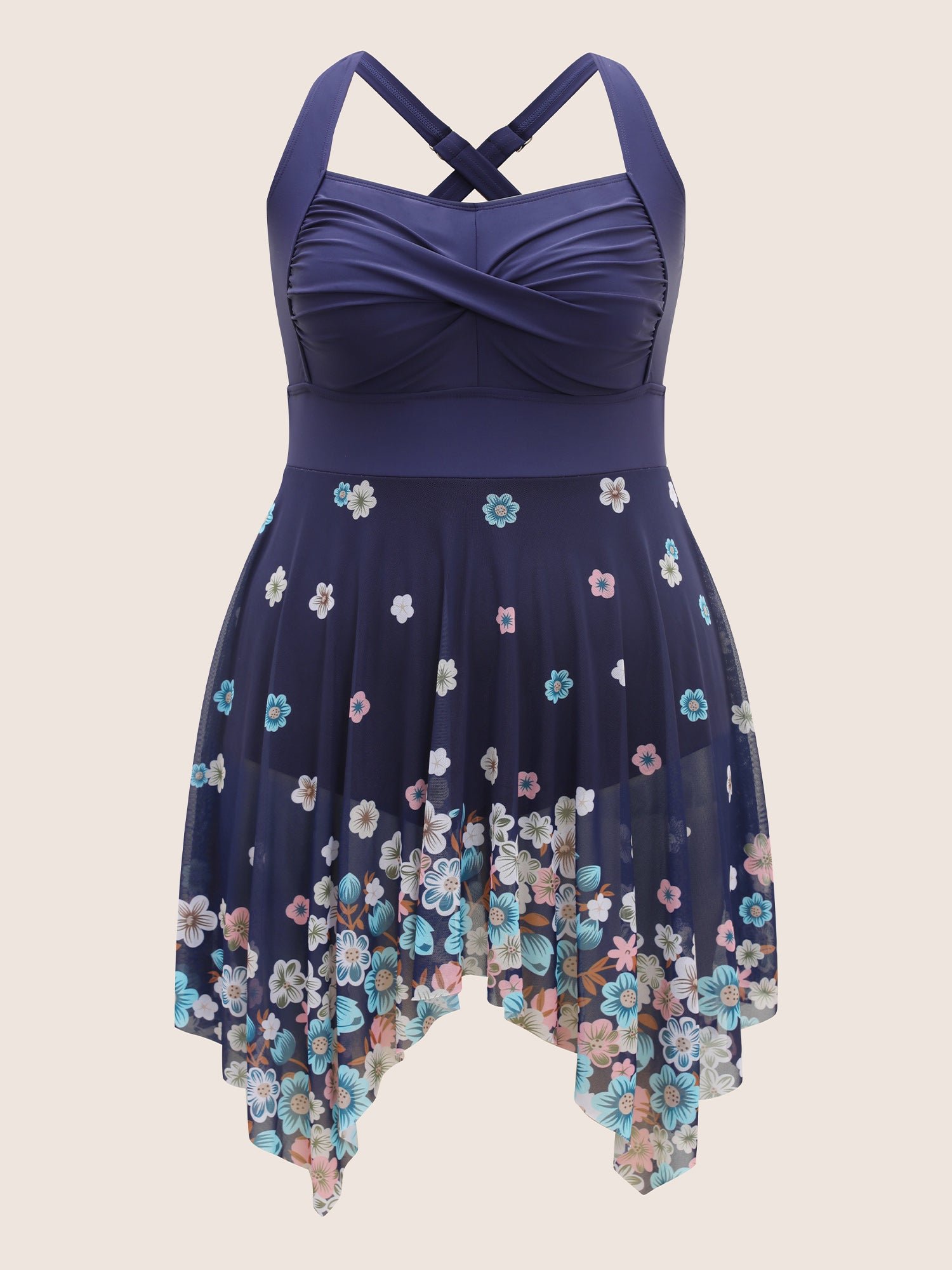 Flowers Patchwork Mesh Hanky Hem Swim Dress - Image 7