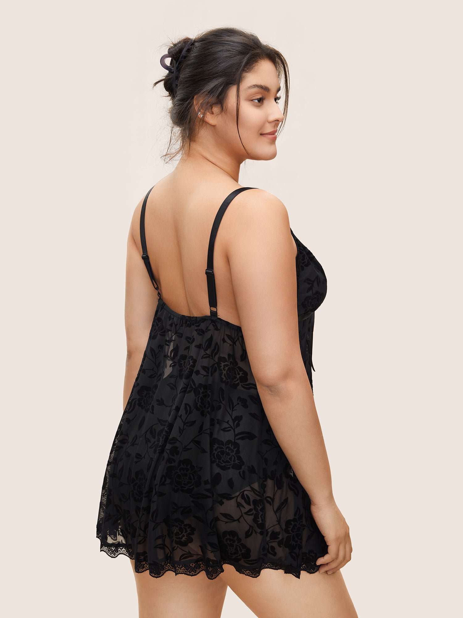 Silhouette Floral Print Lace Panel Bowknot Sleep Dress - Image 4