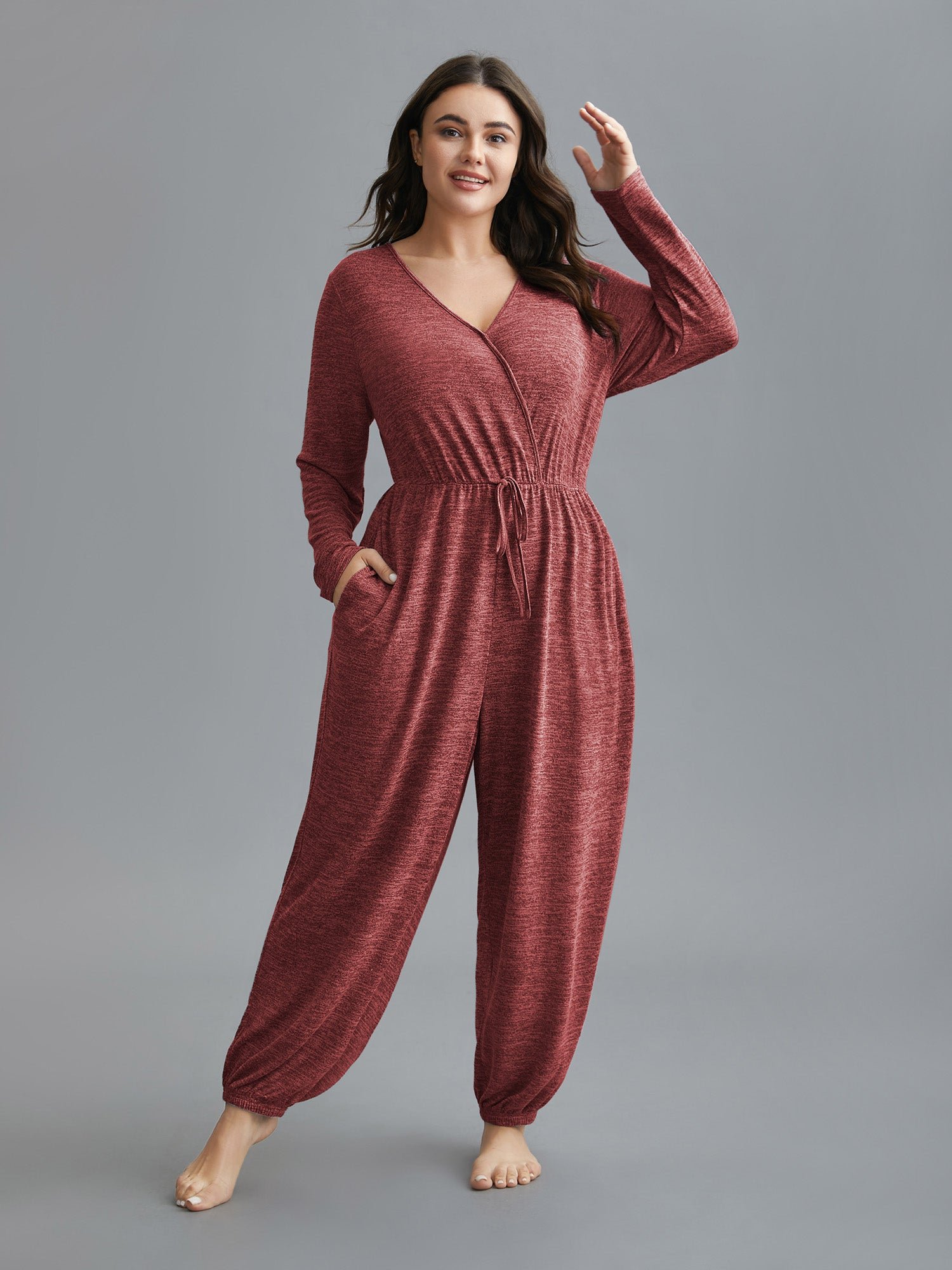 Elastic Waist Overlap Collar Lounge Jumpsuit - Image 33