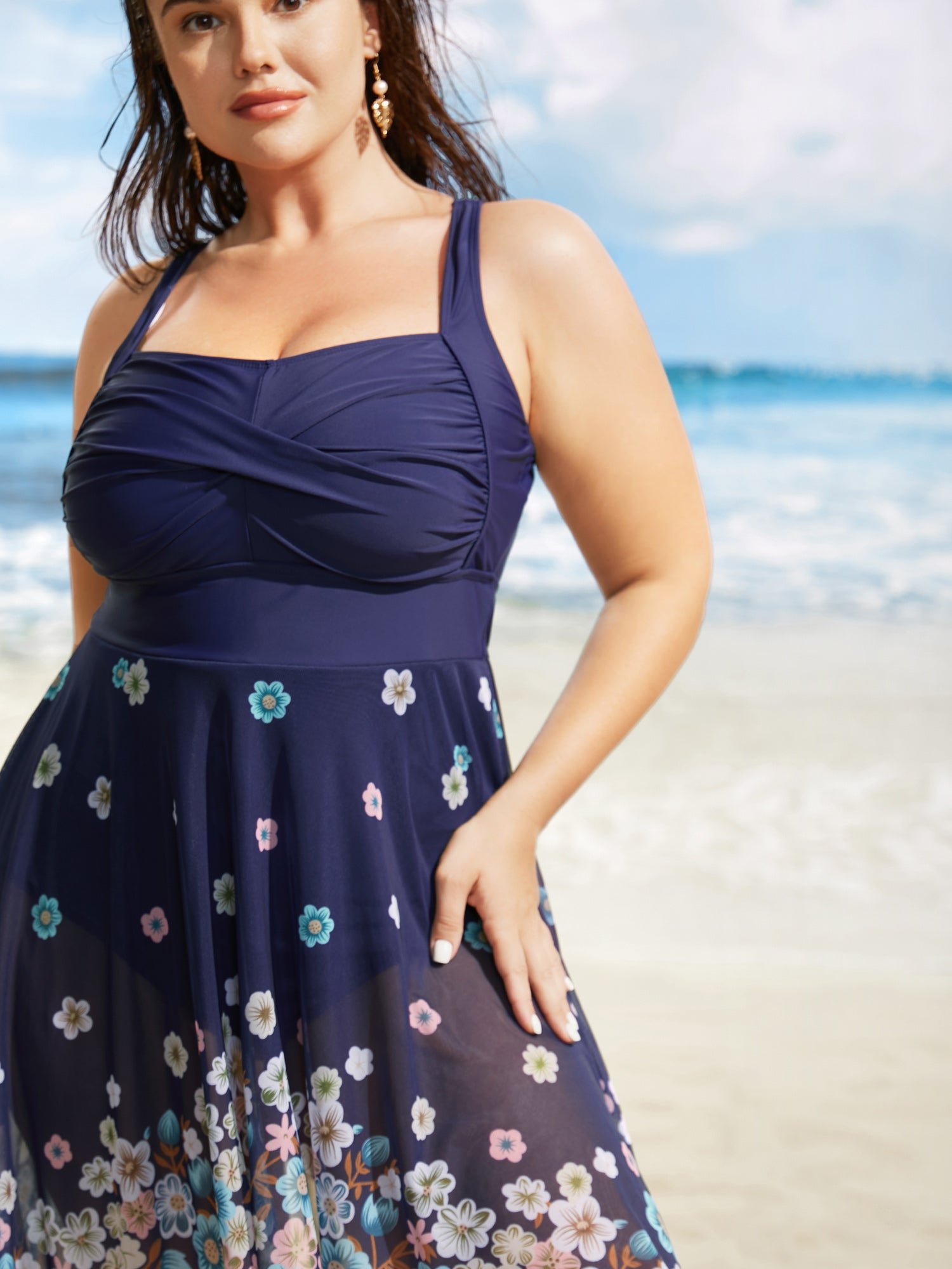 Flowers Patchwork Mesh Hanky Hem Swim Dress - Image 4