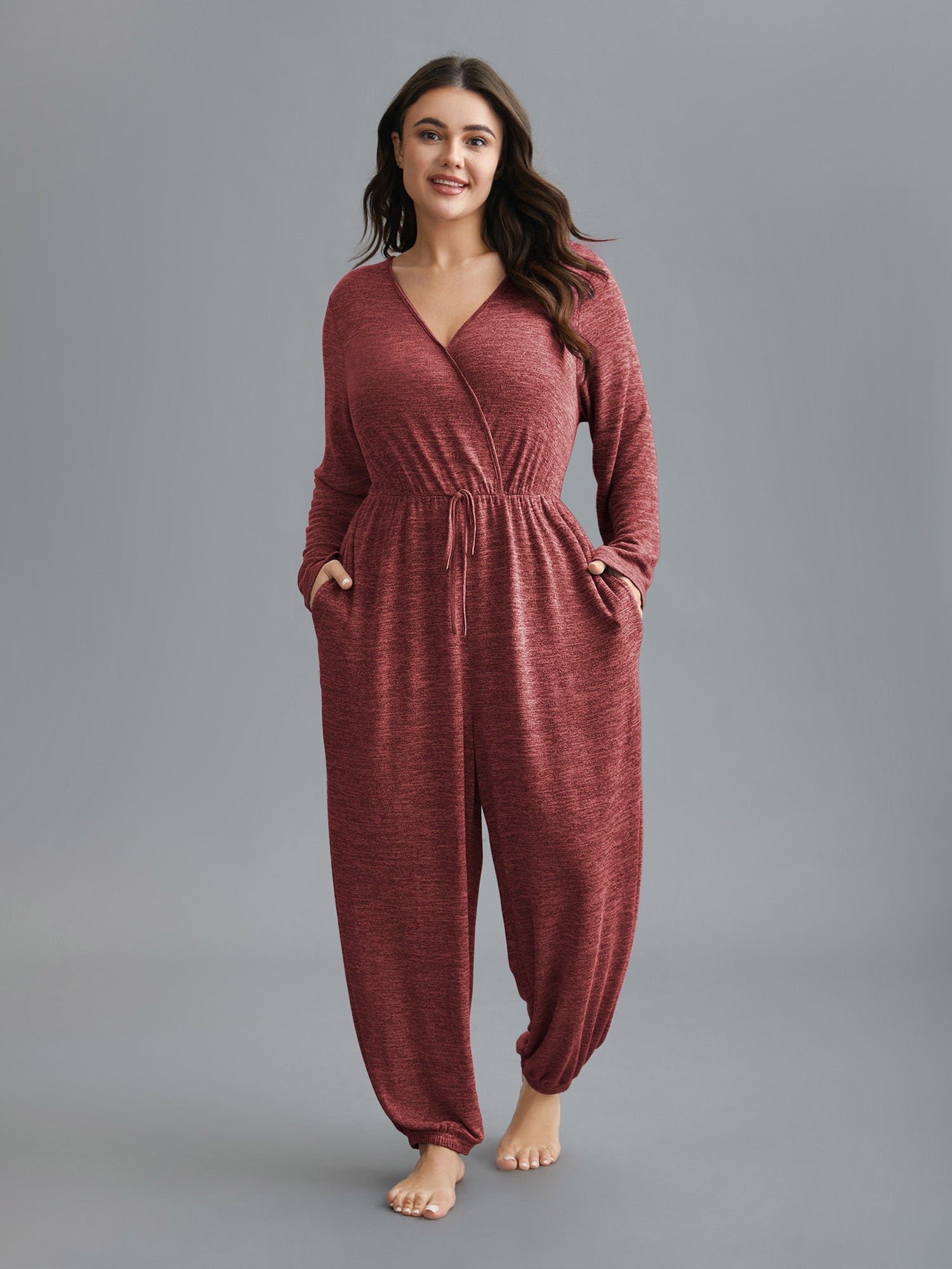Elastic Waist Overlap Collar Lounge Jumpsuit - Image 32