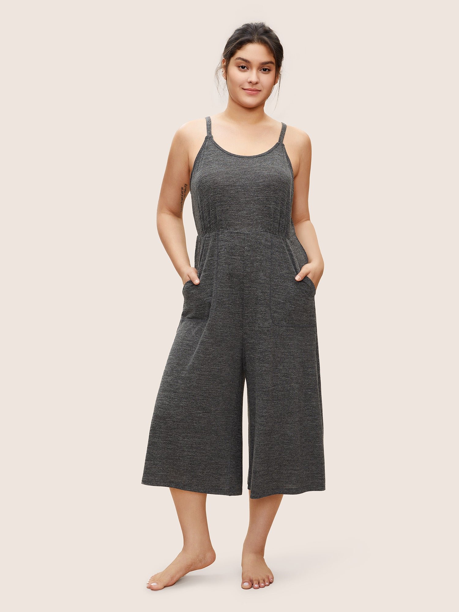 Solid Heather Adjustable Straps Pocket Sleep Jumpsuit - Image 3