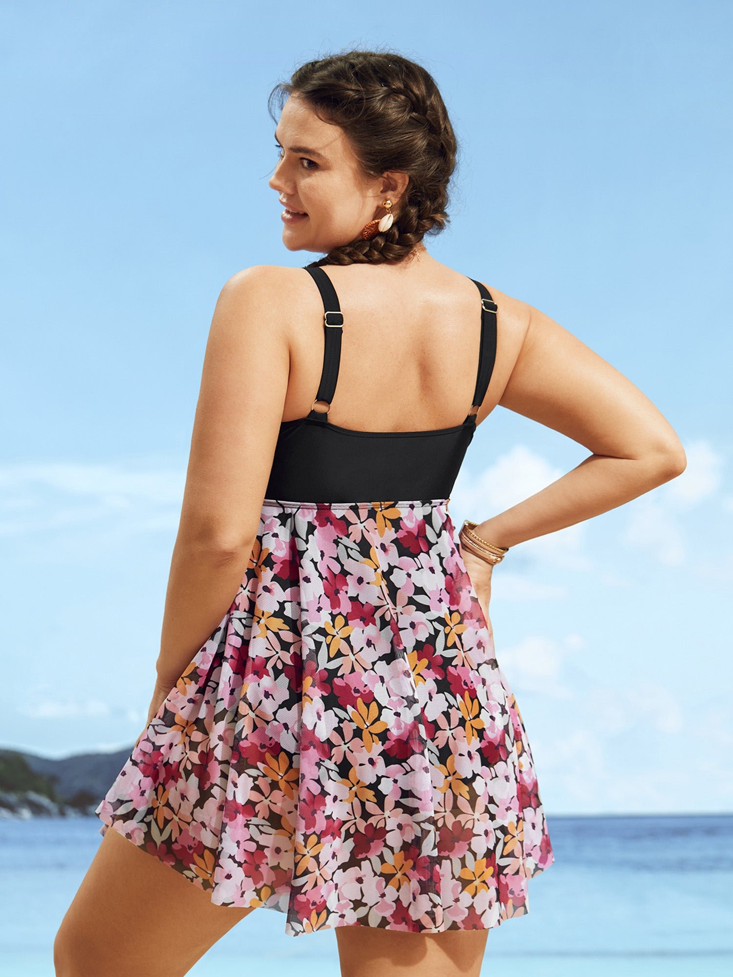 Floral Patchwork Mesh Crossover Swim Dress - Image 2