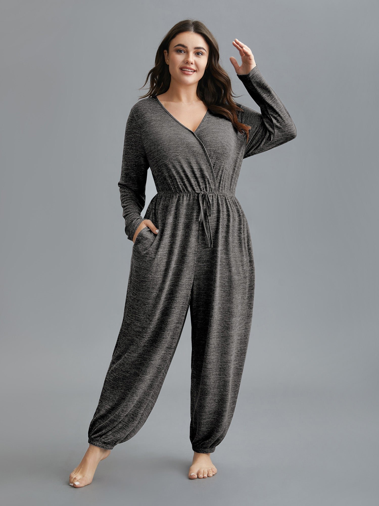 Elastic Waist Overlap Collar Lounge Jumpsuit - Image 8