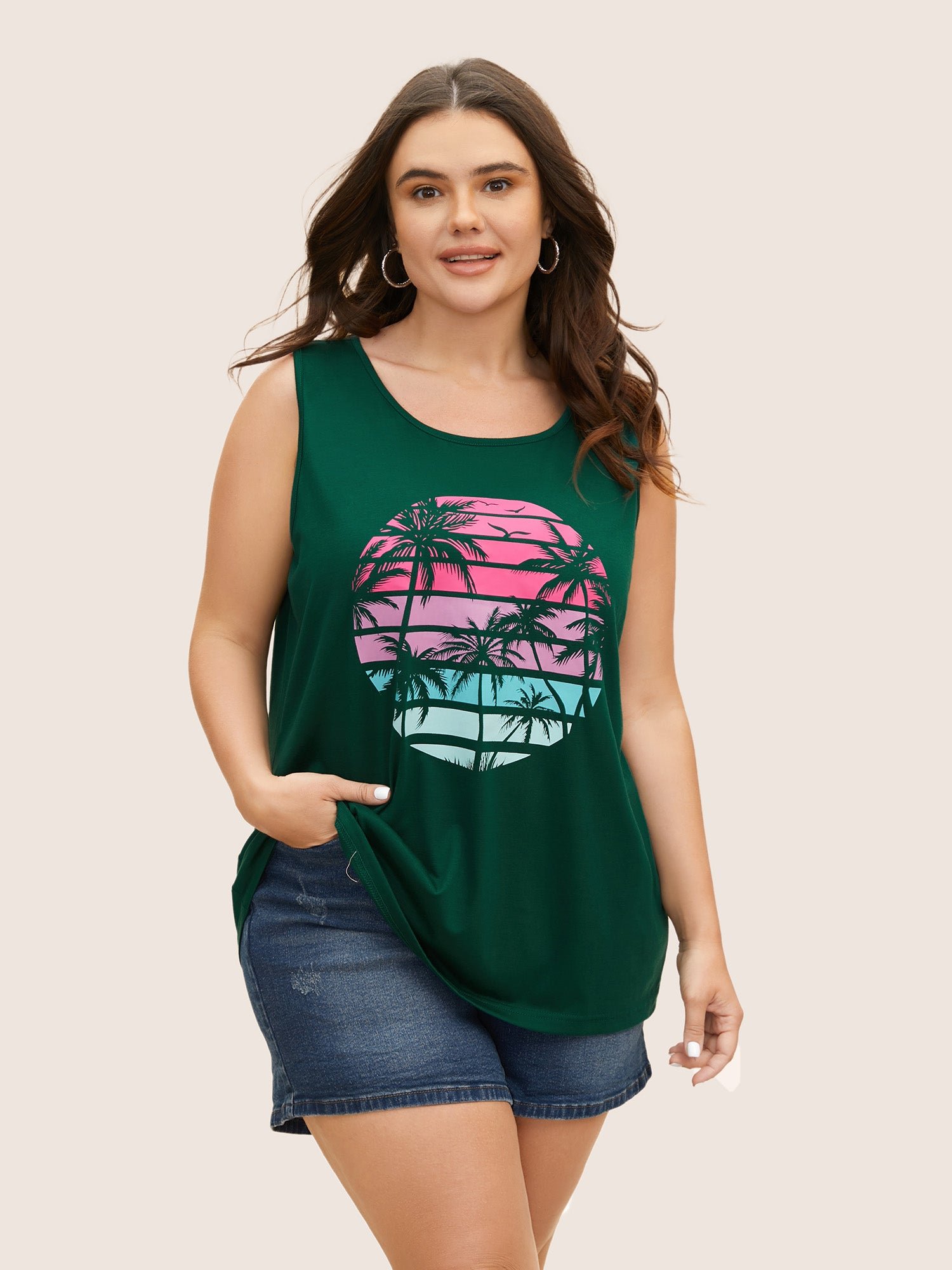 Tropical Vacation Print Crew Neck Tank Top - Image 6
