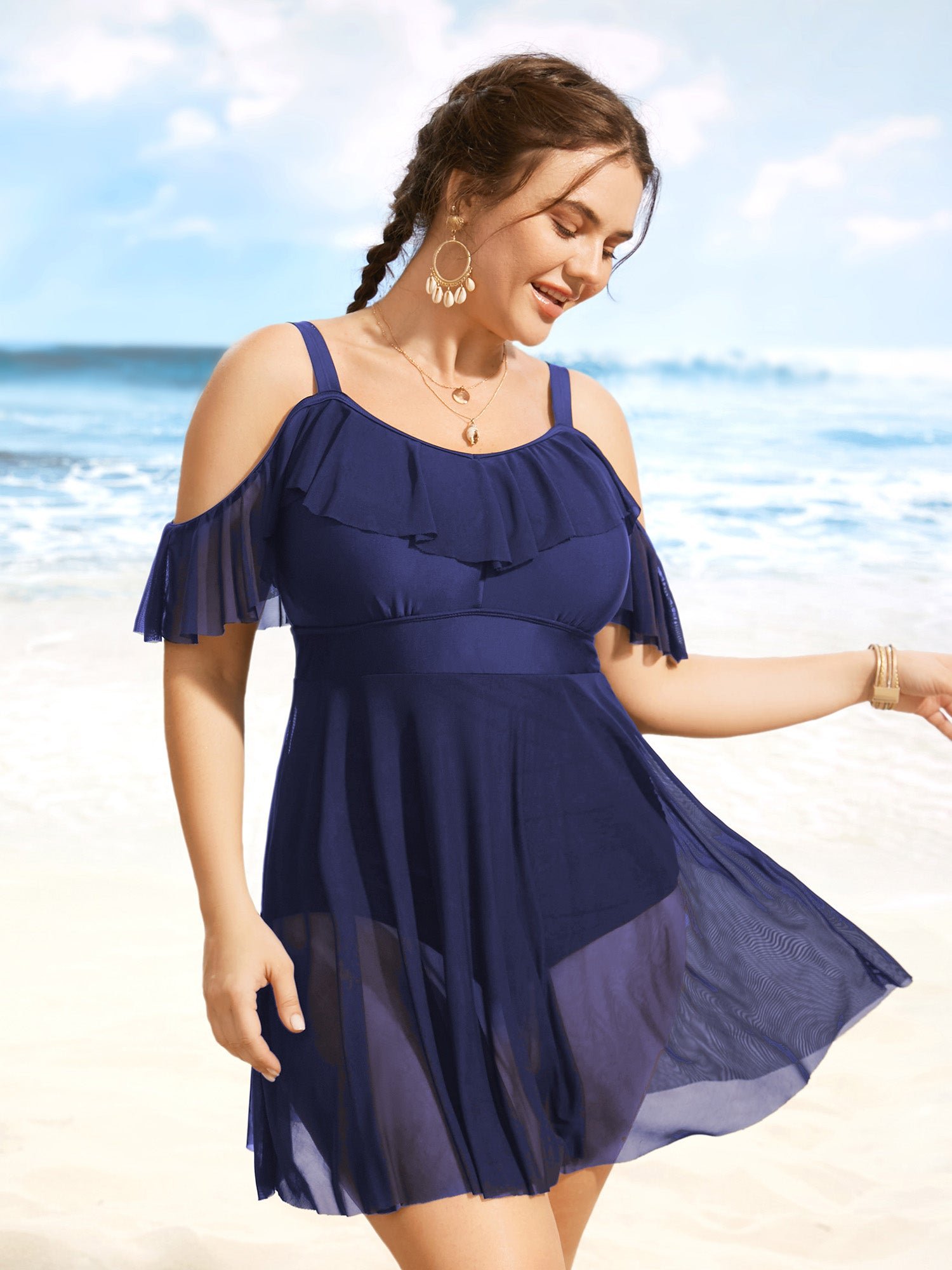 Solid Ruffle Trim Patchwork Mesh Swim Dress - Image 8