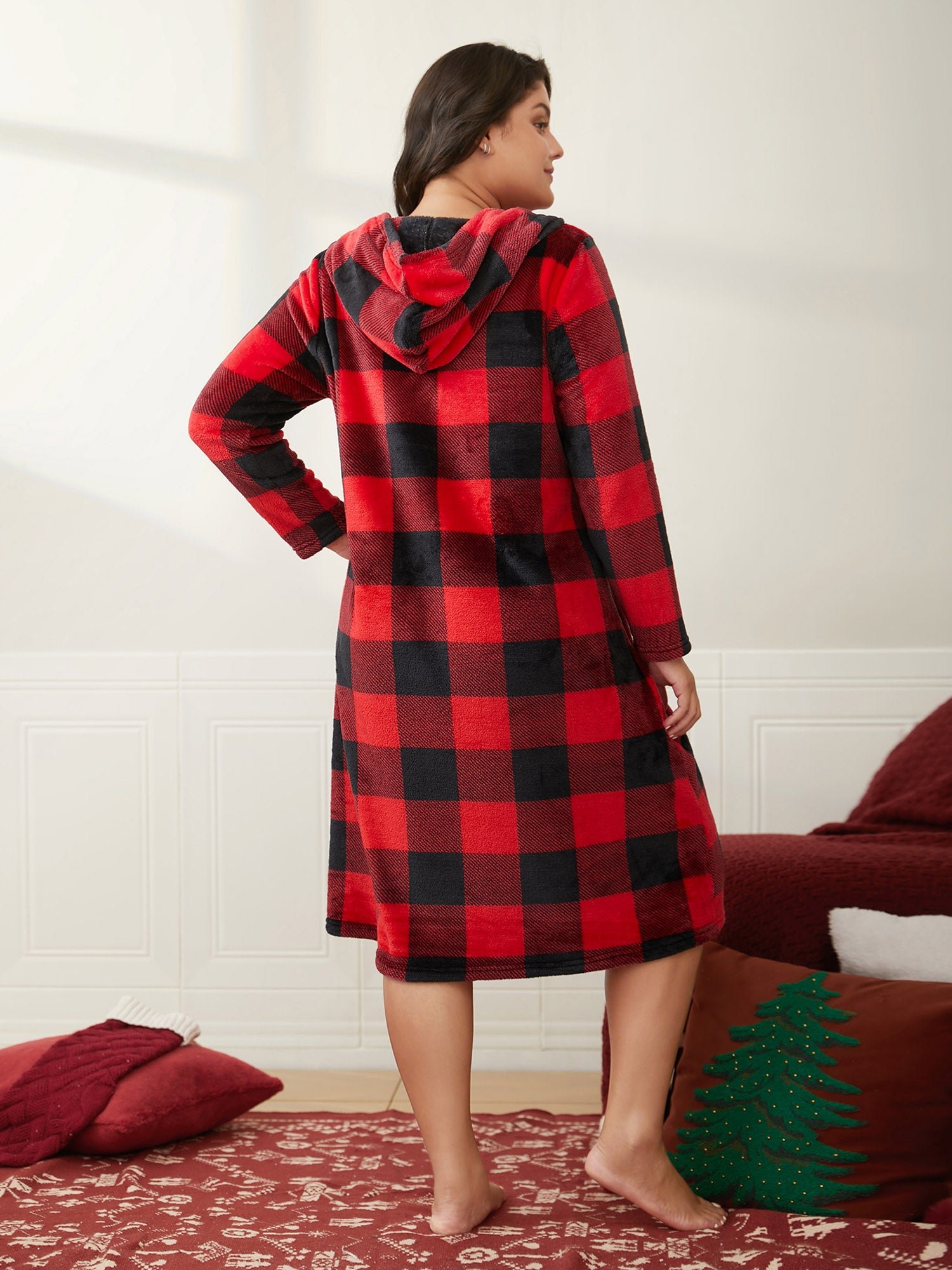 Checkered Hooded Flannel Sleep Midi Dress - Image 4