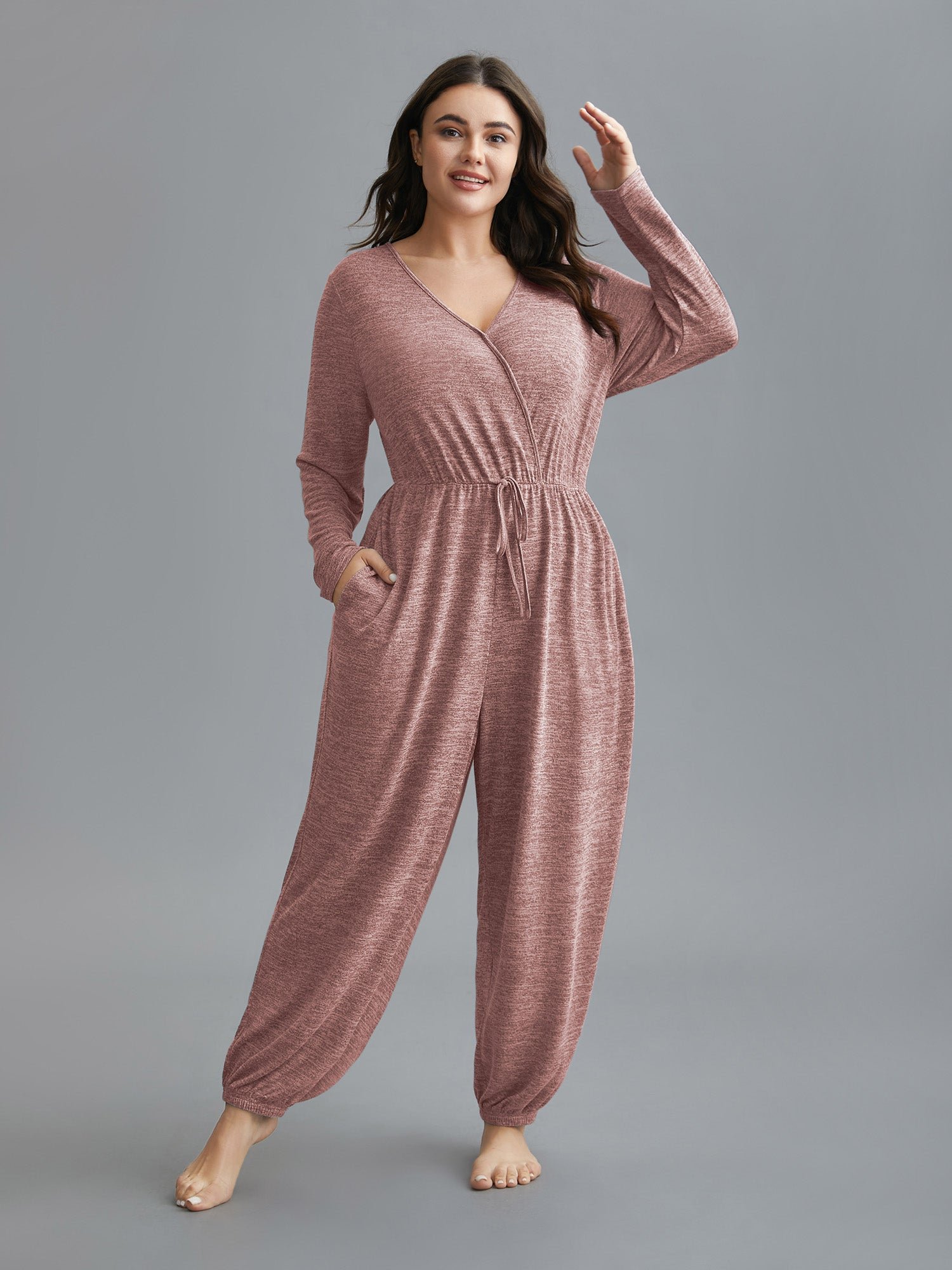 Elastic Waist Overlap Collar Lounge Jumpsuit - Image 39