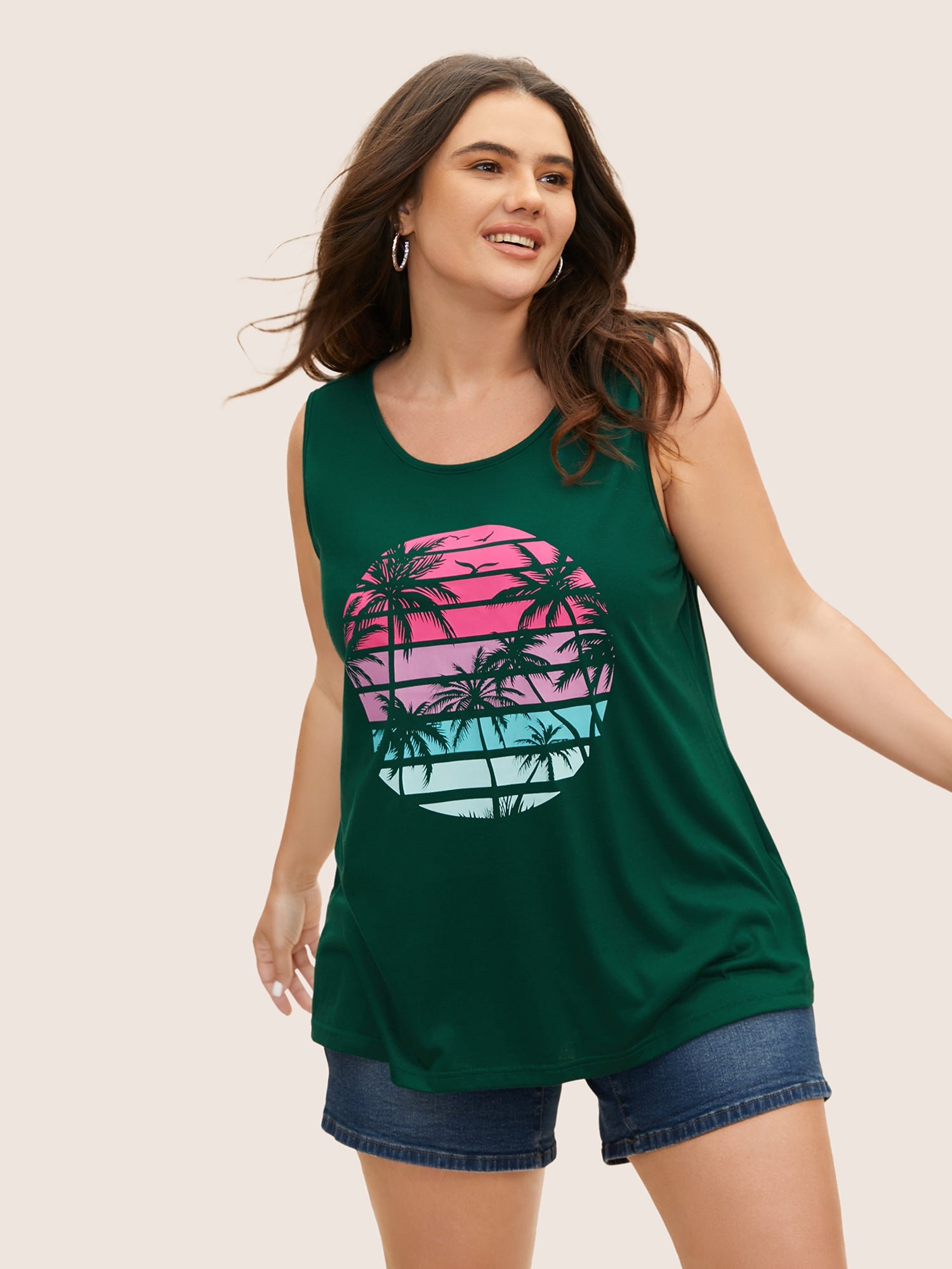 Tropical Vacation Print Crew Neck Tank Top - Image 5
