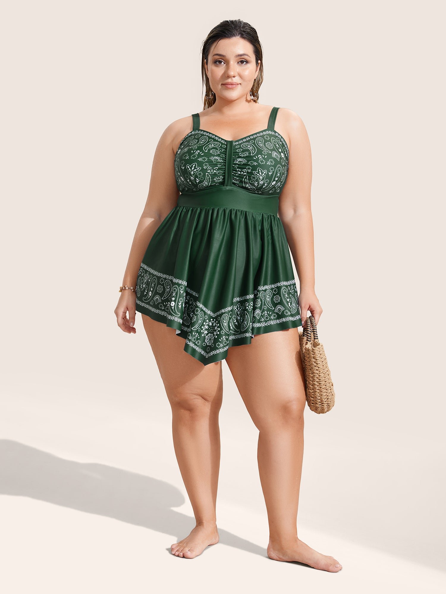 Paisley Print Ruched Adjustable Straps Swim Dress - Image 3