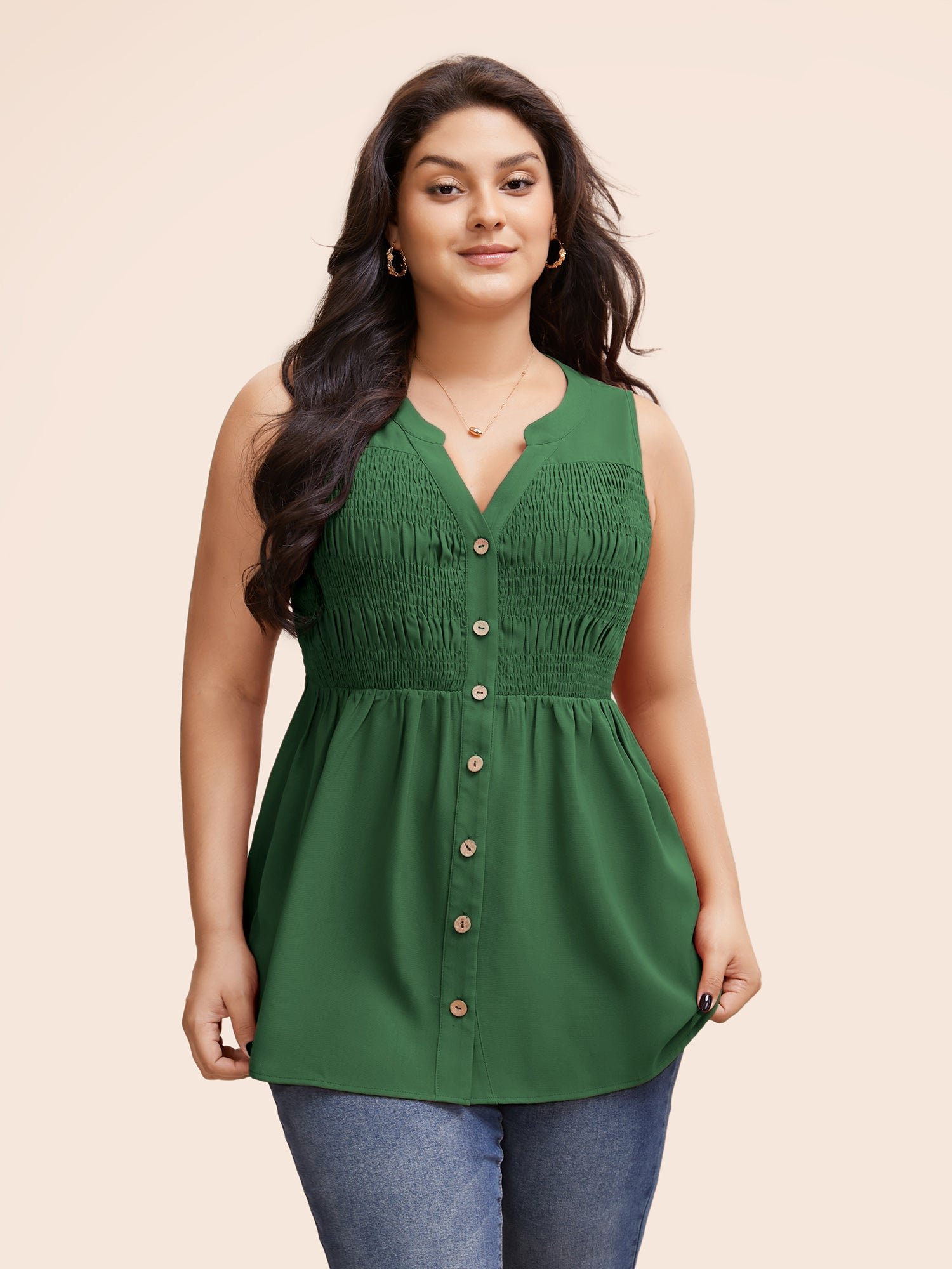 Plain Notched Neck Shirred Tank Top - Image 6
