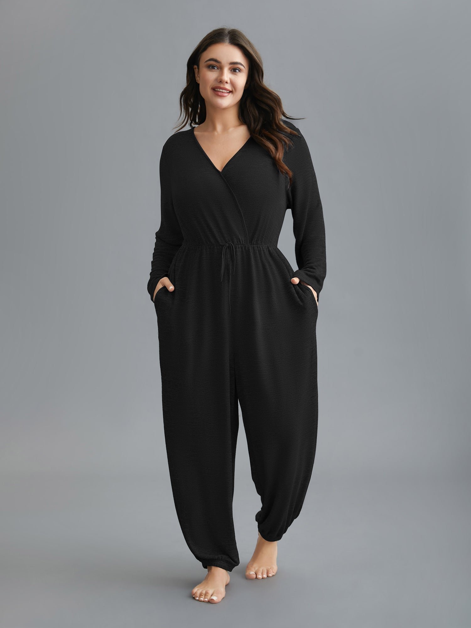 Elastic Waist Overlap Collar Lounge Jumpsuit
