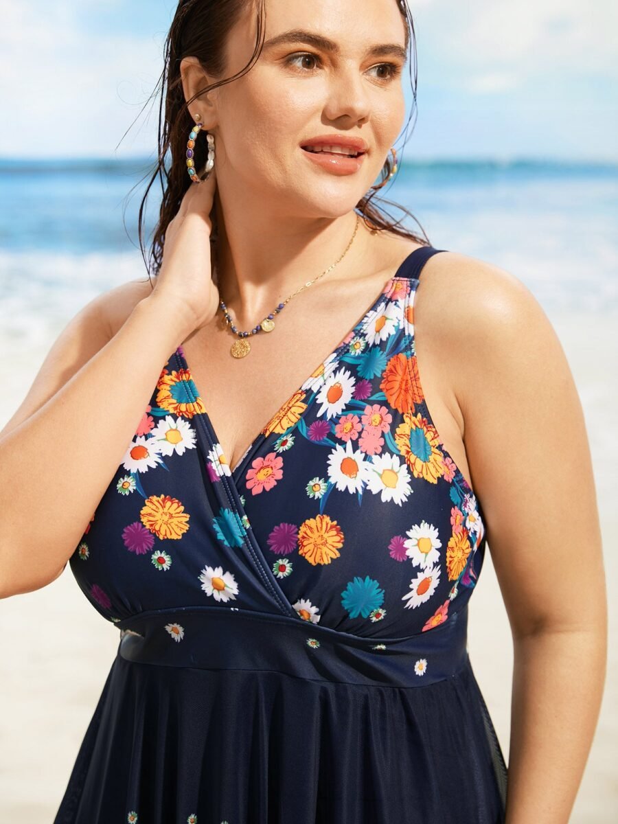 Overlap Collar Floral Patchwork Mesh Swim Dress - Image 4