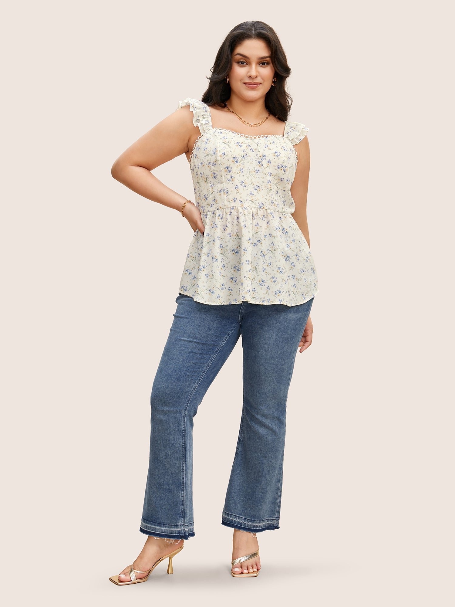 Ditsy Floral Tiered Ruffles Lace Trim Tank Top - Image 2