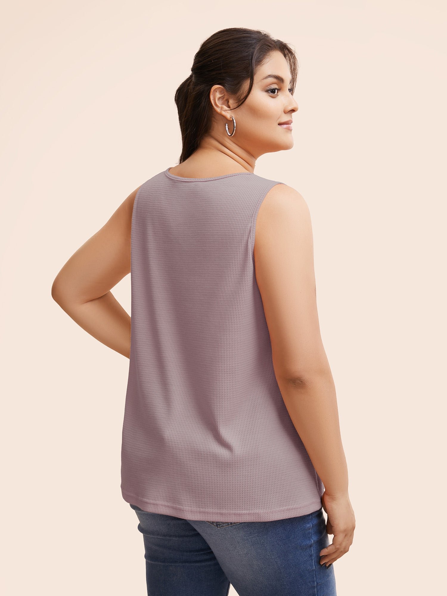 Solid Button Detail Waffle Knit Tank Top - Image 5