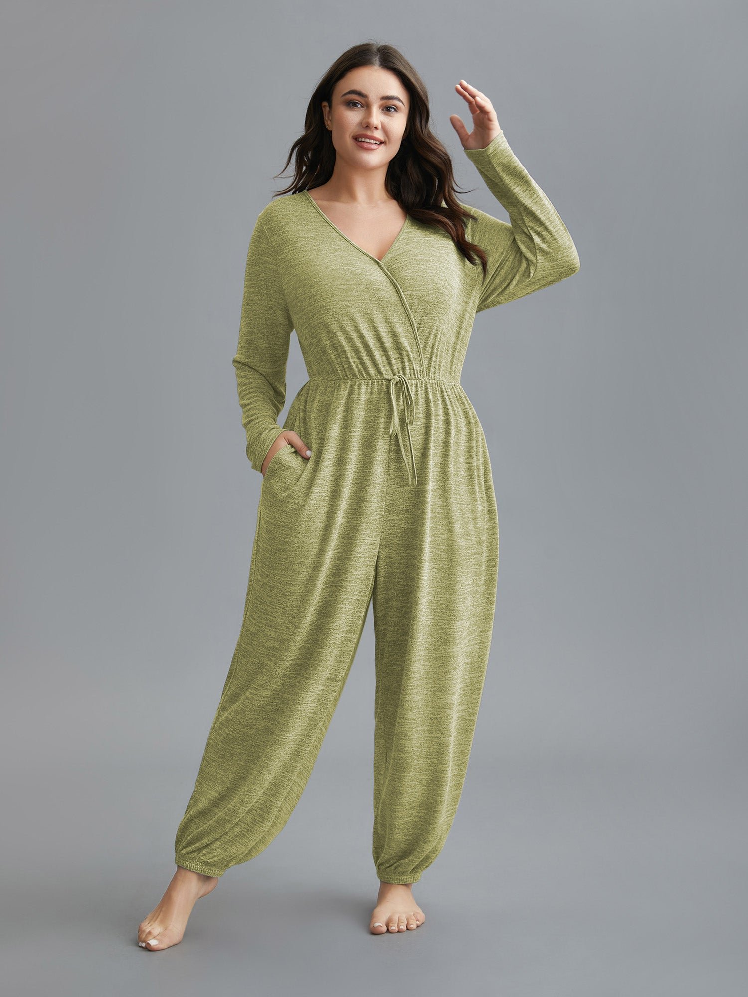 Elastic Waist Overlap Collar Lounge Jumpsuit - Image 51