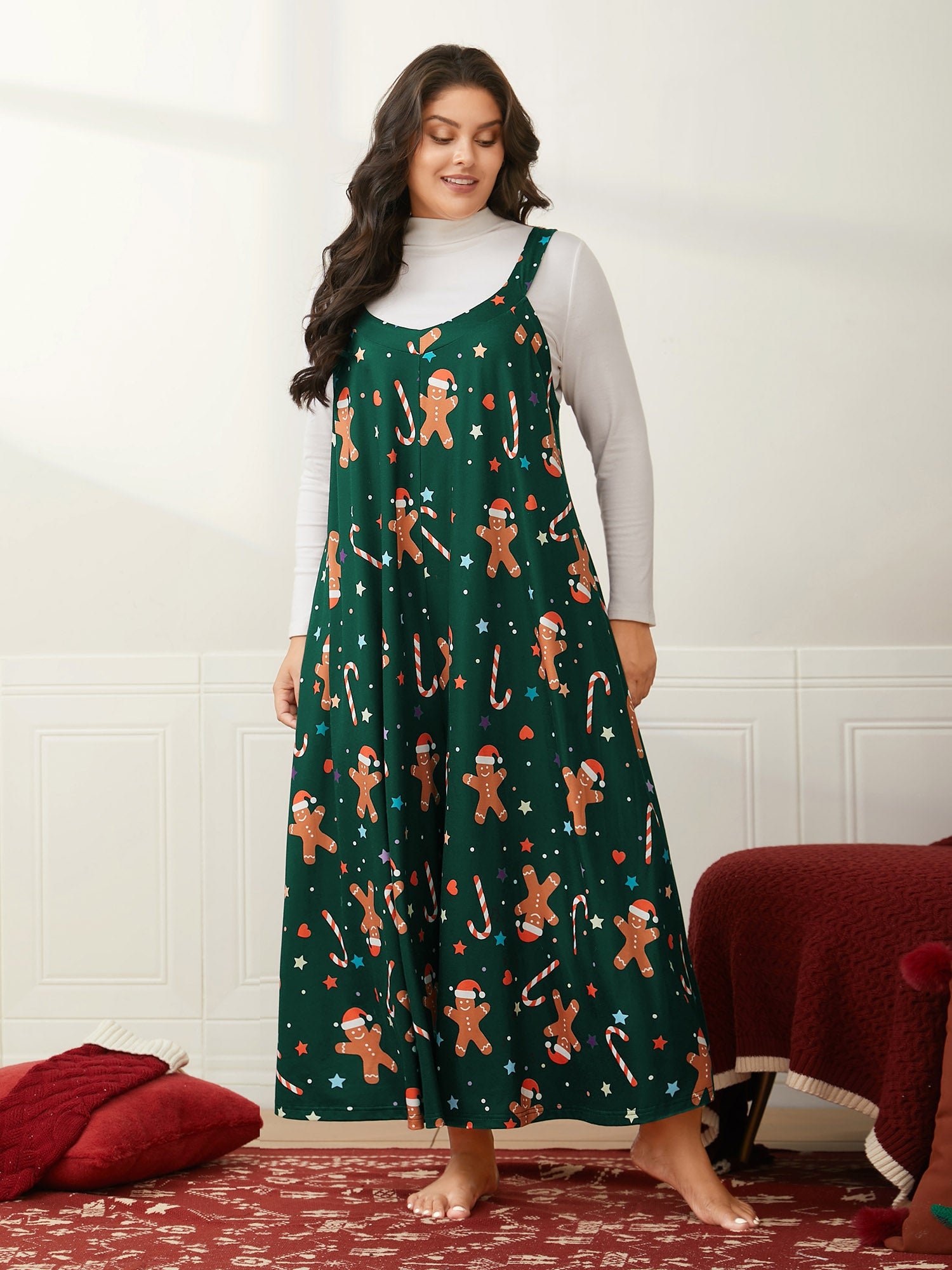 Festive Knit Print U Neck Lounge Jumpsuit - Image 2