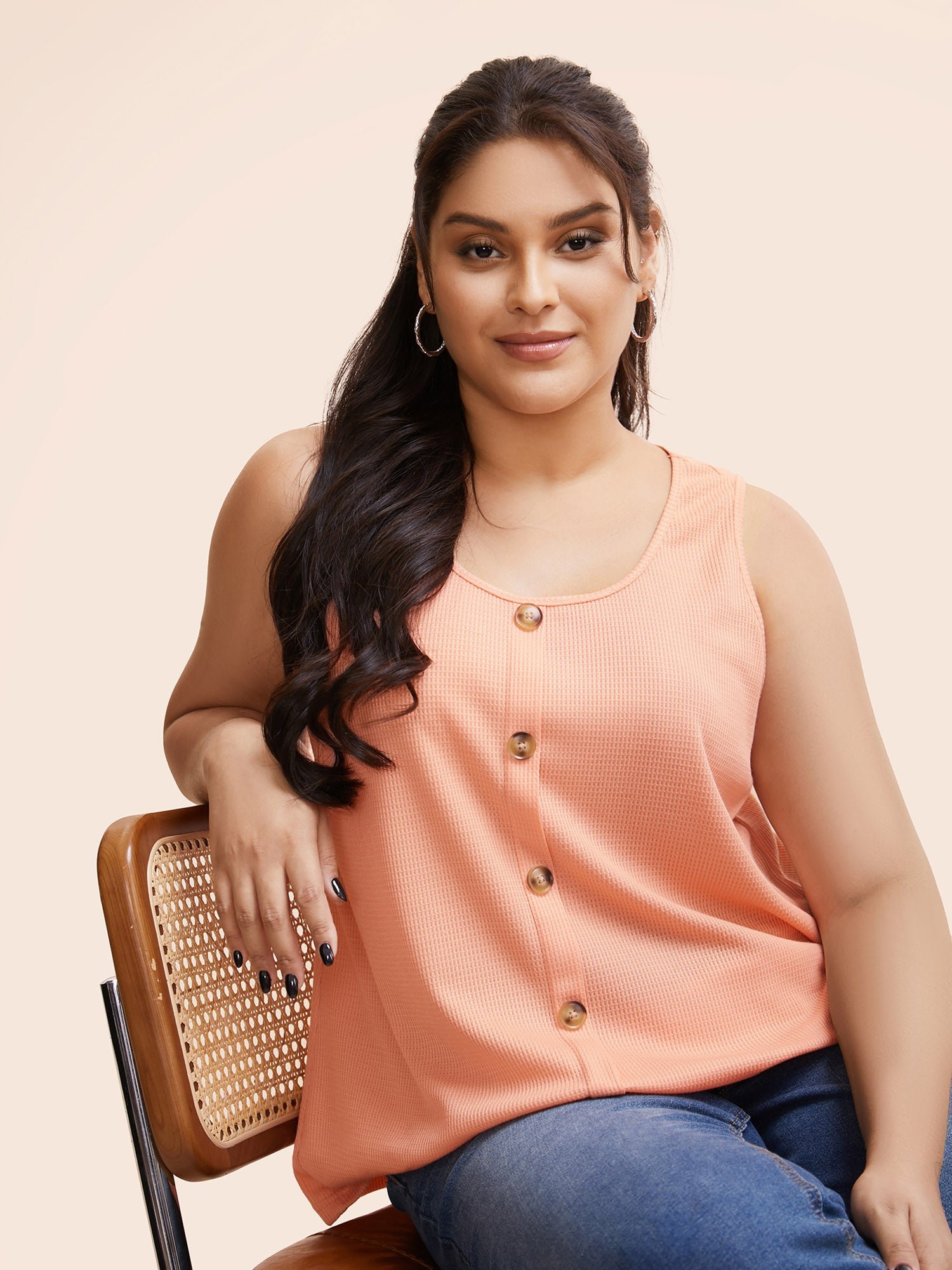 Solid Button Detail Waffle Knit Tank Top - Image 6