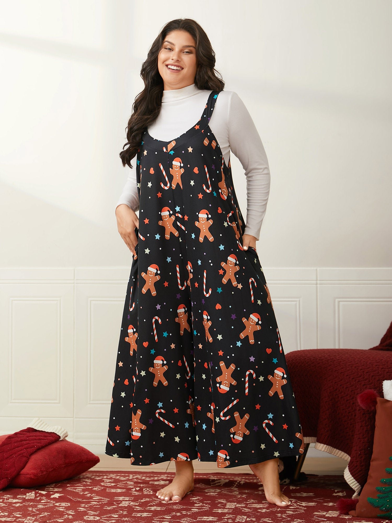 Festive Knit Print U Neck Lounge Jumpsuit - Image 8