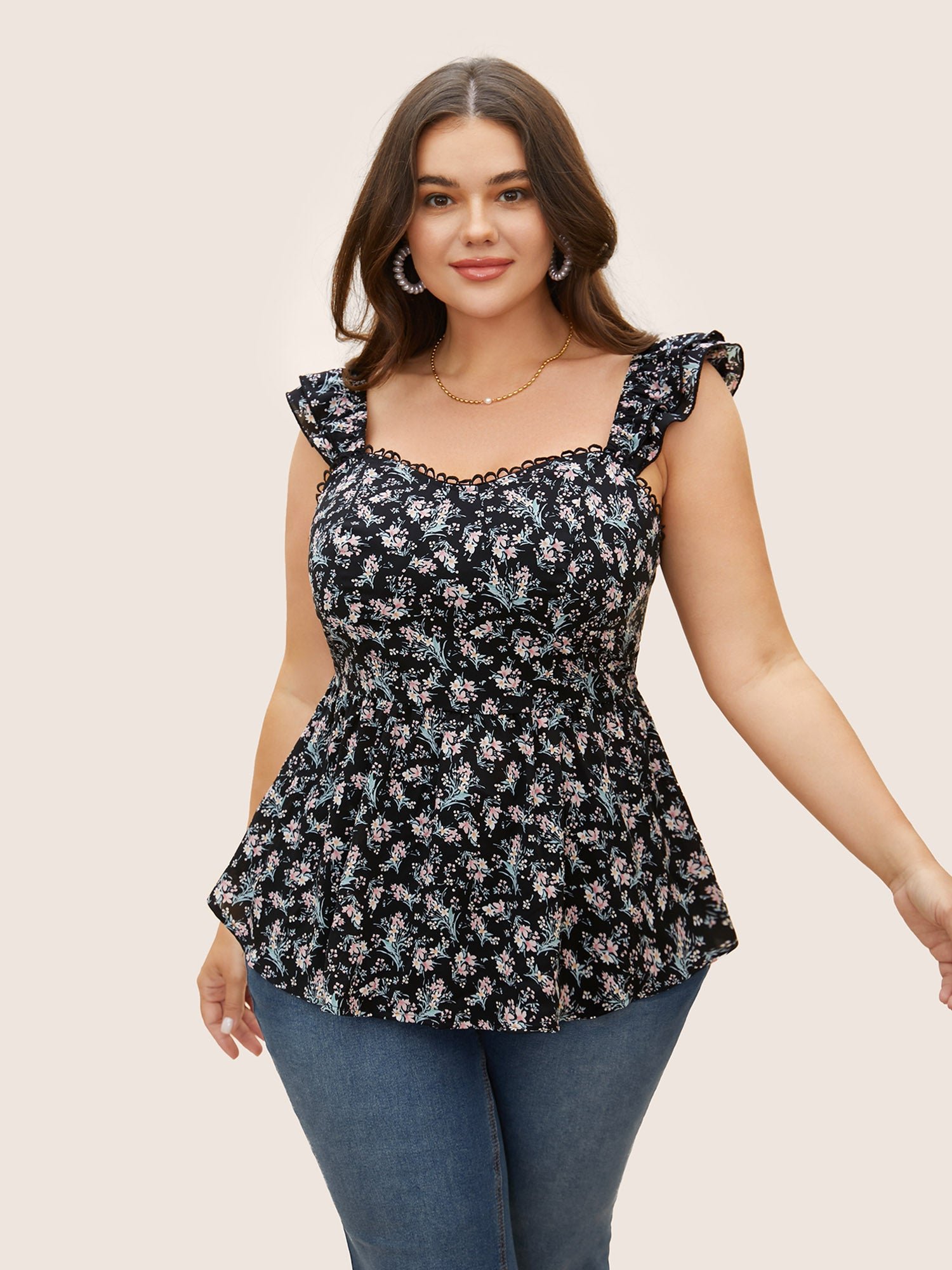 Ditsy Floral Tiered Ruffles Lace Trim Tank Top - Image 5