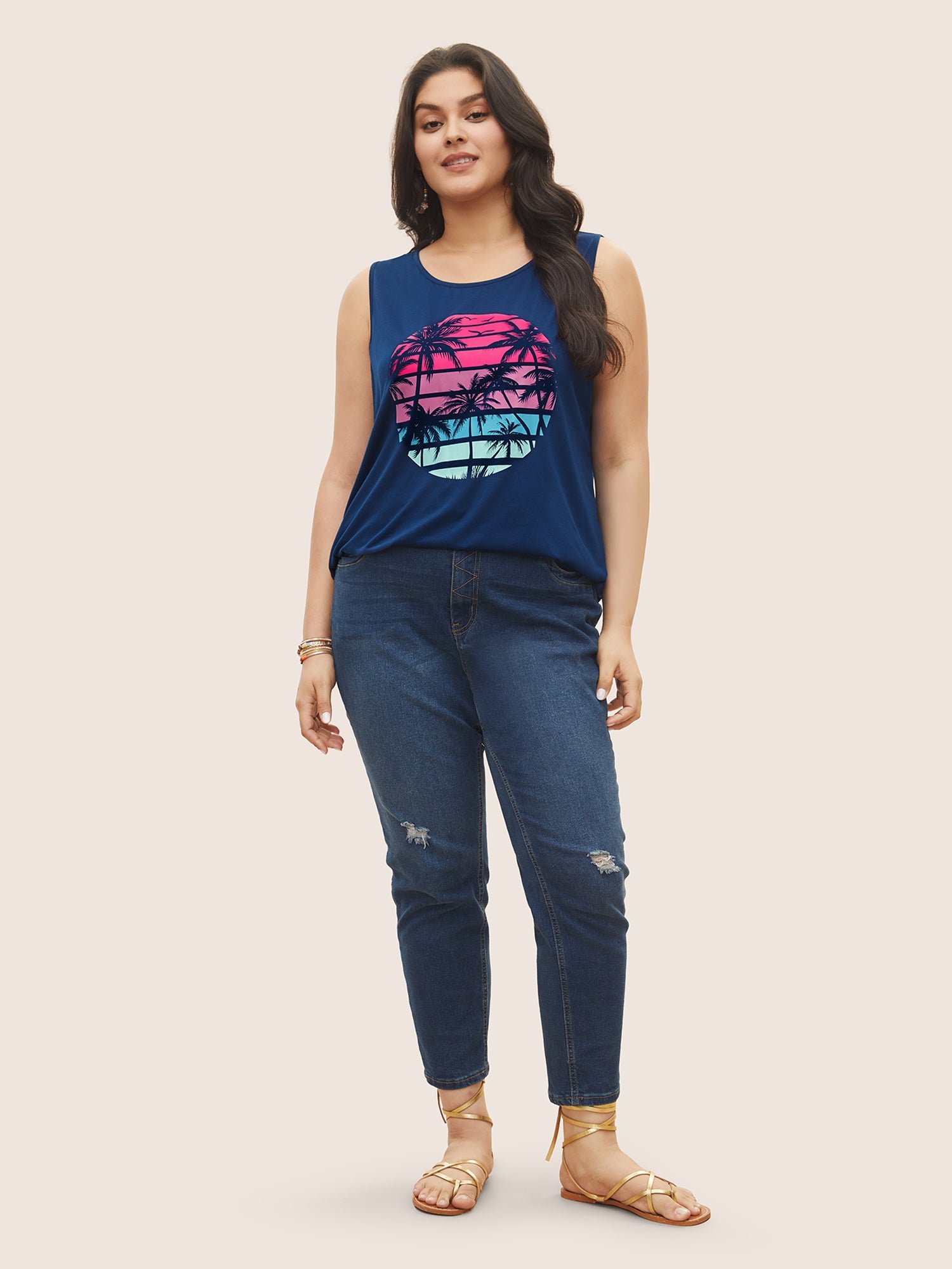 Tropical Vacation Print Crew Neck Tank Top - Image 4