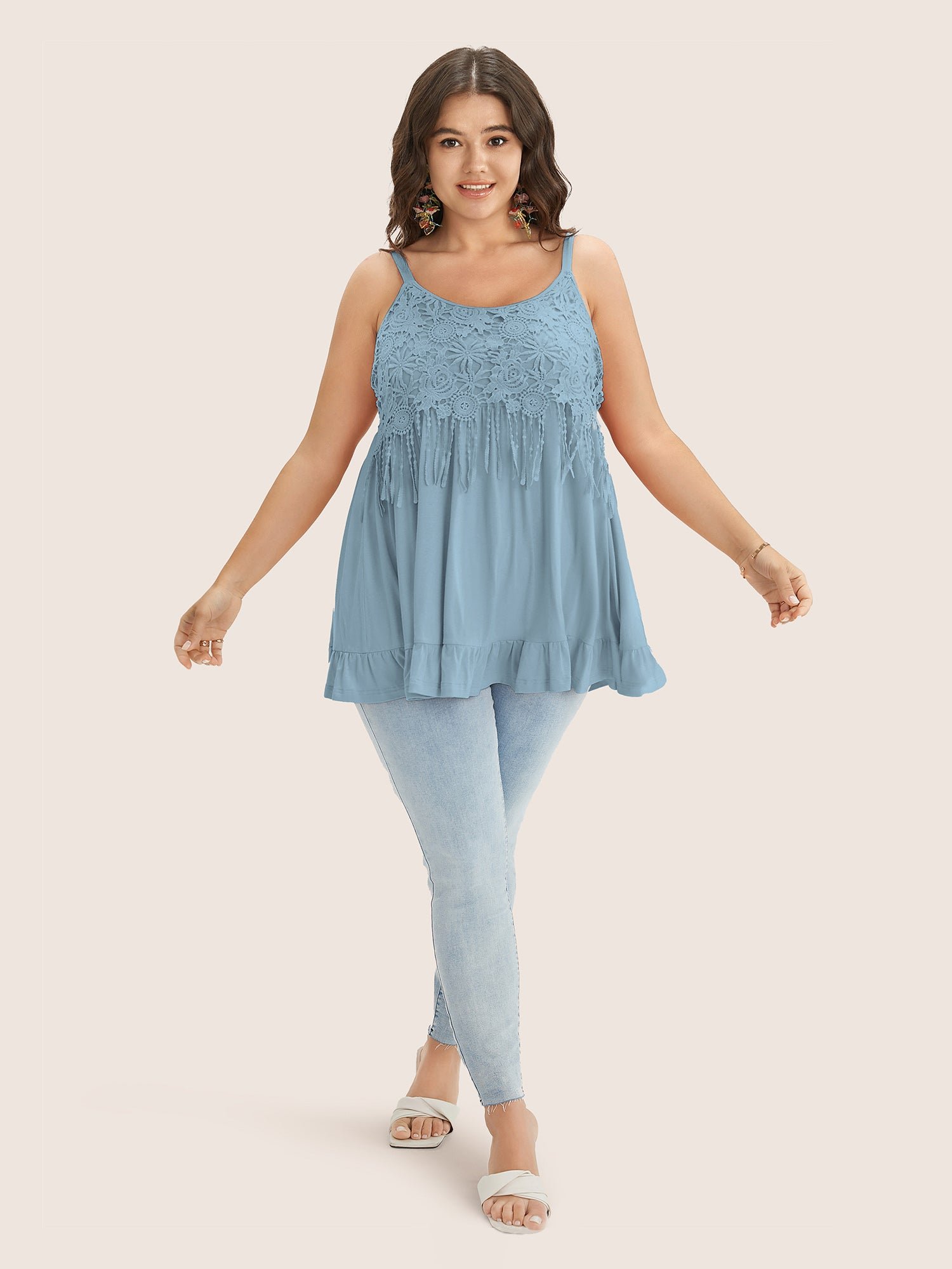 Plain Contrast Lace Ruffle Hem Cami Top - Image 18