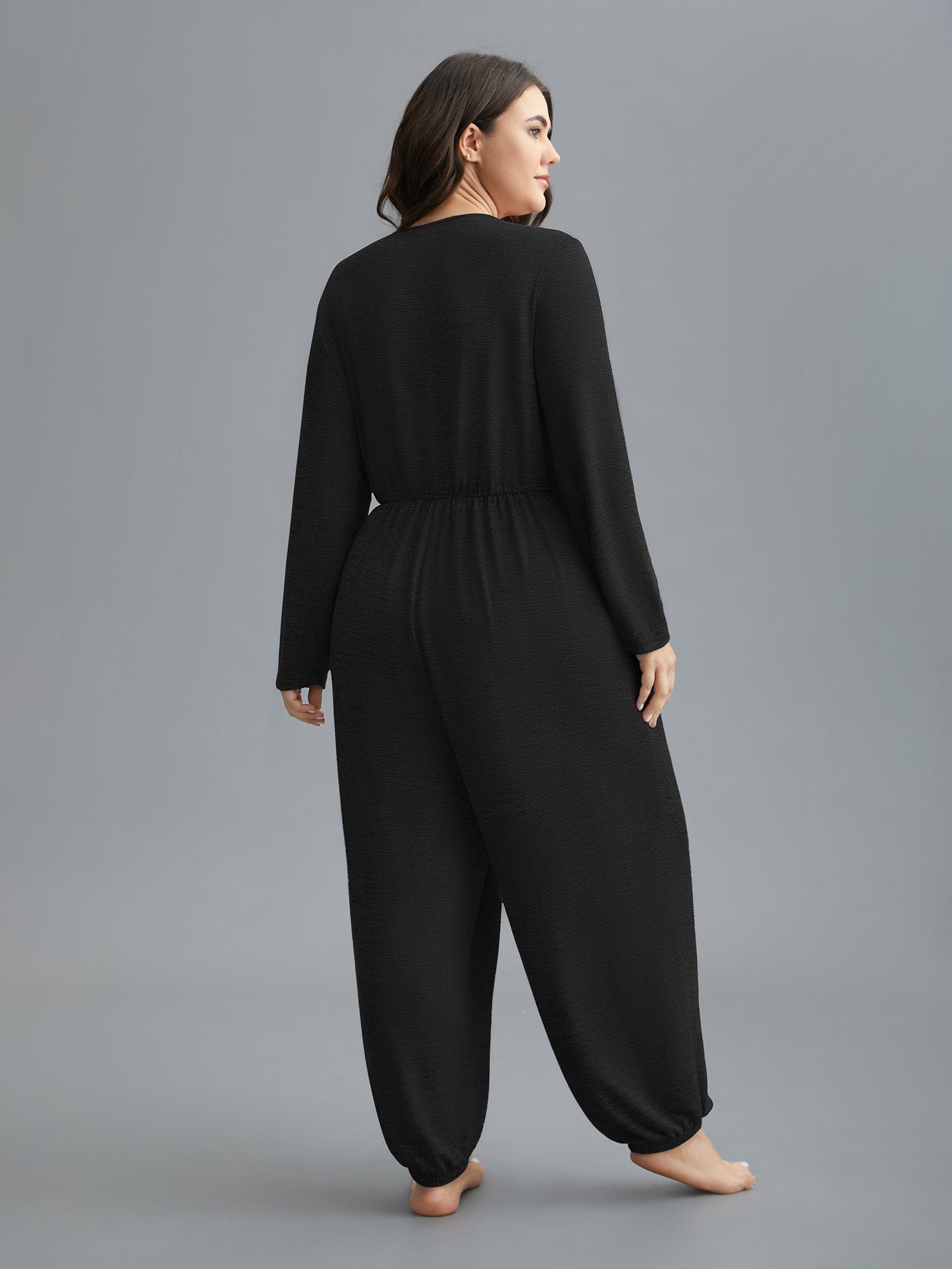 Elastic Waist Overlap Collar Lounge Jumpsuit - Image 4