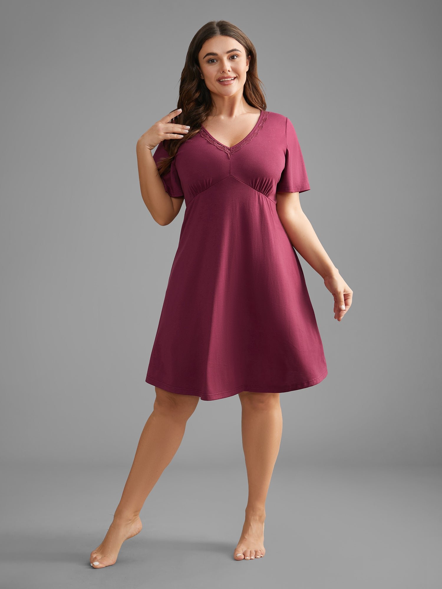 V Neck Lace Trim Sleep Ruffle Sleeve Dress - Image 4