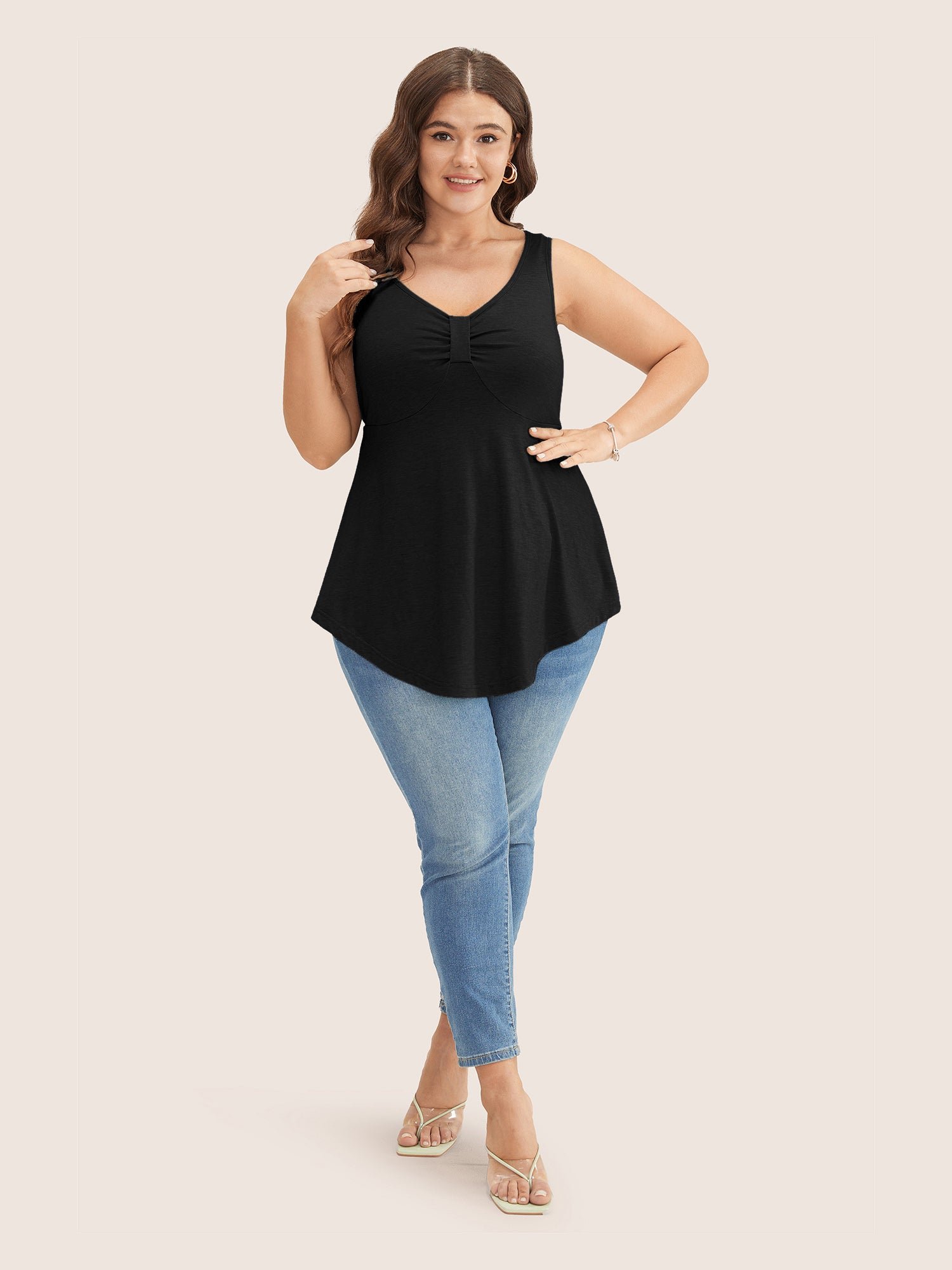 Solid Ruched Detail Asymmetrical Hem Tank Top - Image 2