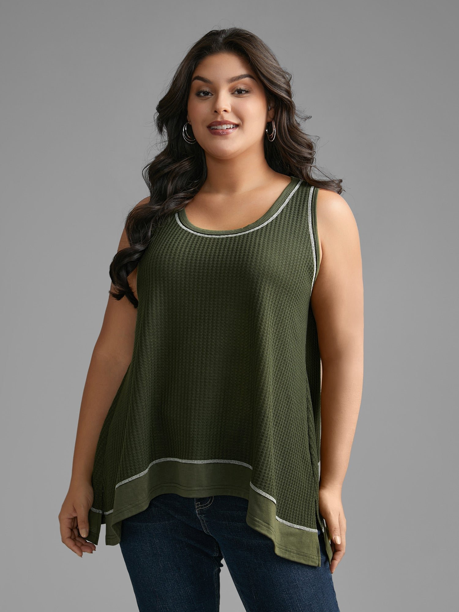 Waffle Knit Patchwork Topstitching Tank Top - Image 4
