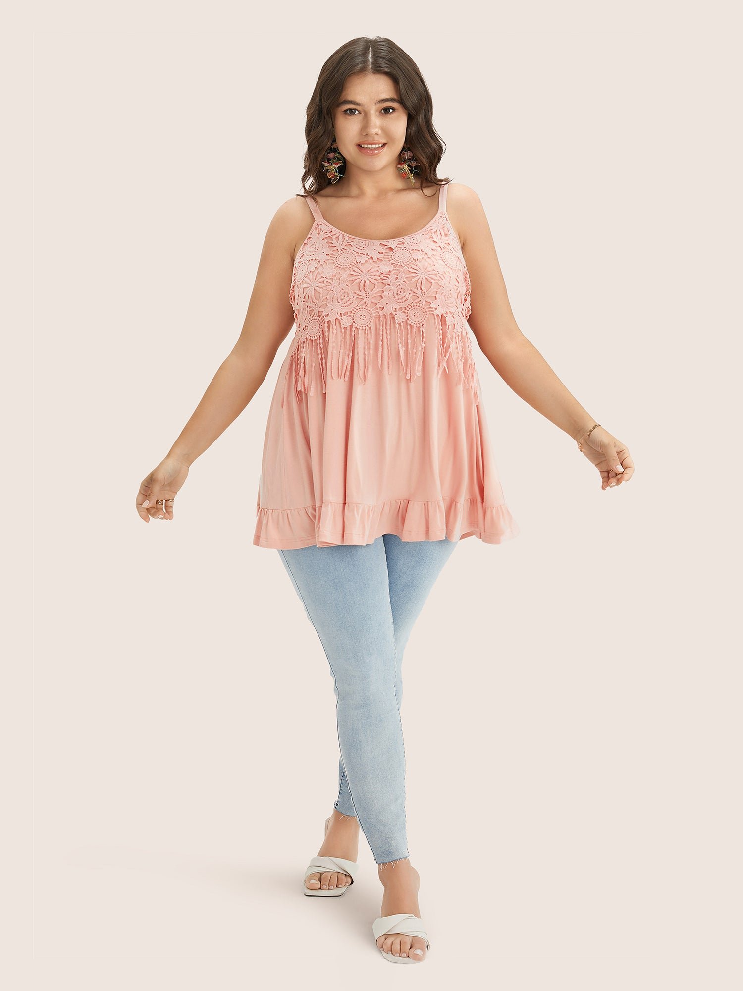 Plain Contrast Lace Ruffle Hem Cami Top - Image 2