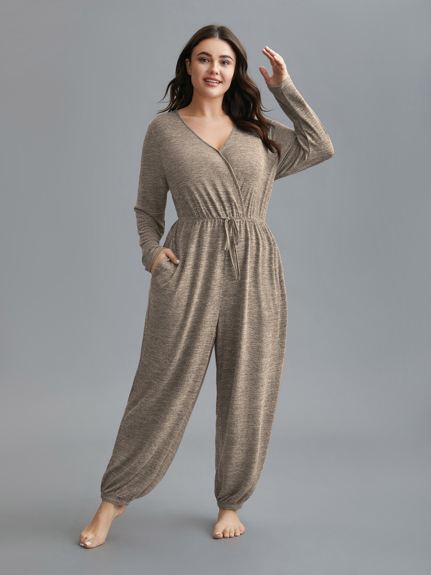 Elastic Waist Overlap Collar Lounge Jumpsuit - Image 45