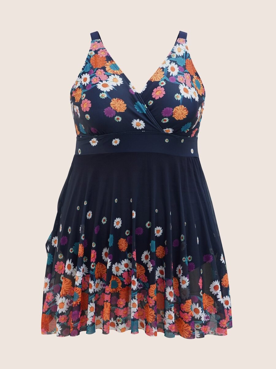 Overlap Collar Floral Patchwork Mesh Swim Dress - Image 8