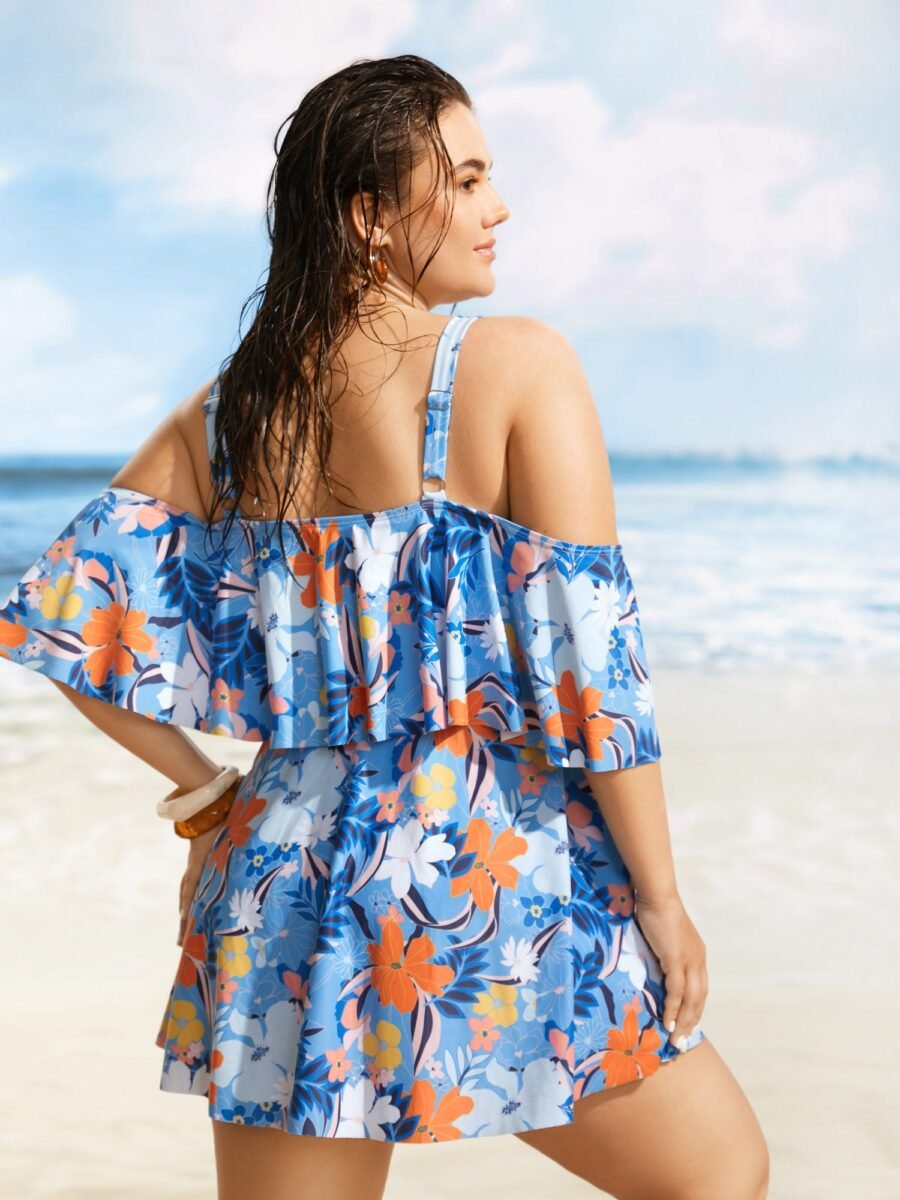 Tropical Adjustable Straps Cold Shoulder Ruffles Trim Swim Dress - Image 2