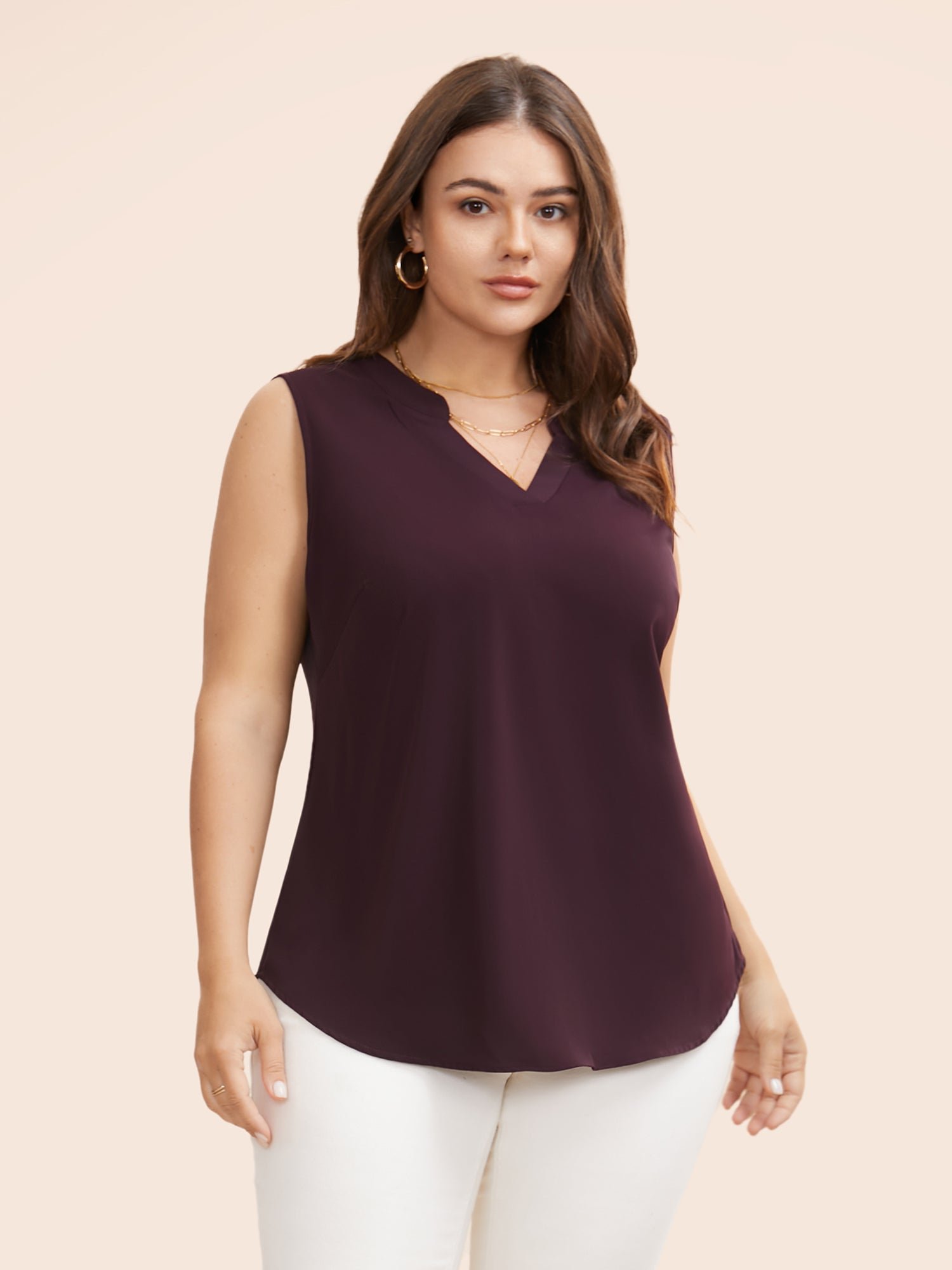 Solid Notched Collar Curved Hem Tank Top - Image 5