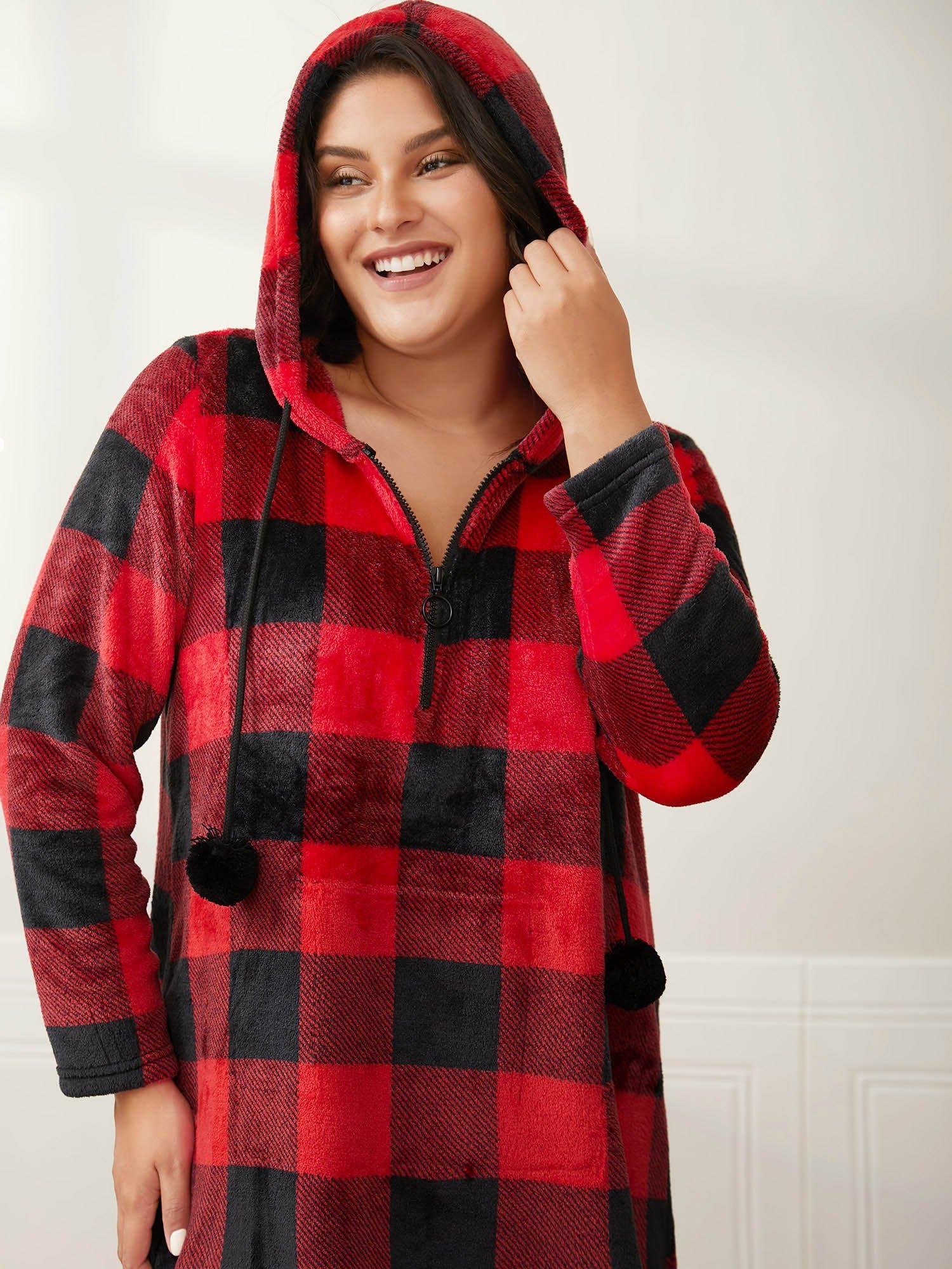 Checkered Hooded Flannel Sleep Midi Dress - Image 2