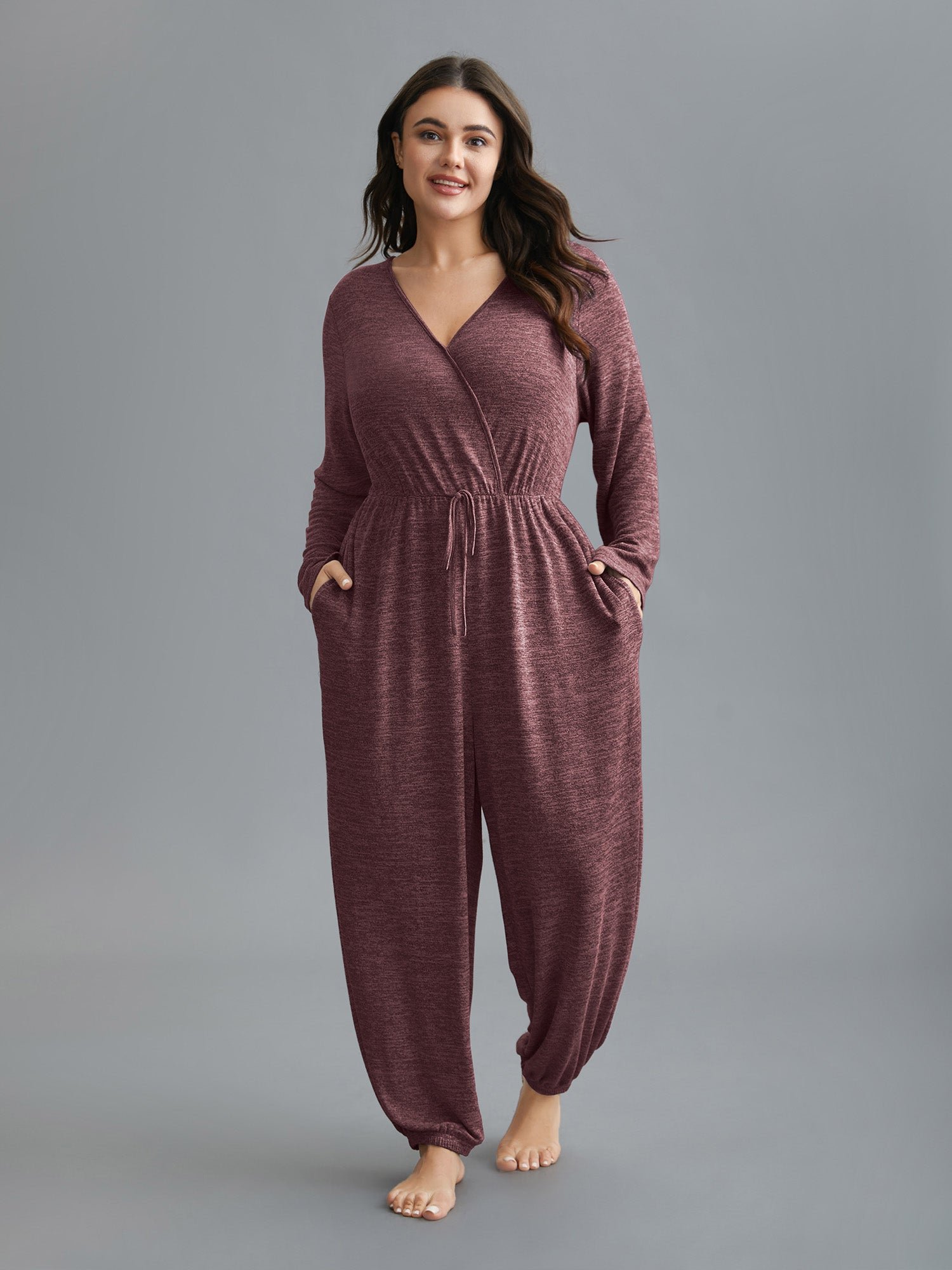 Elastic Waist Overlap Collar Lounge Jumpsuit - Image 26