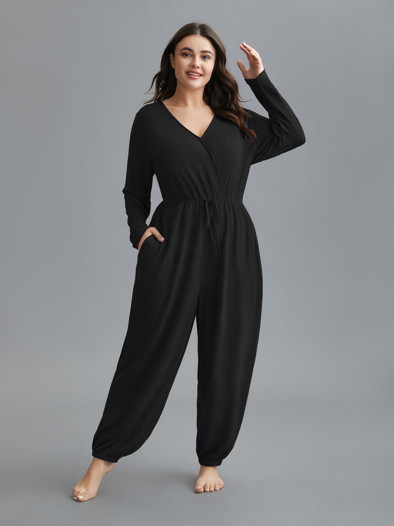 Elastic Waist Overlap Collar Lounge Jumpsuit - Image 2