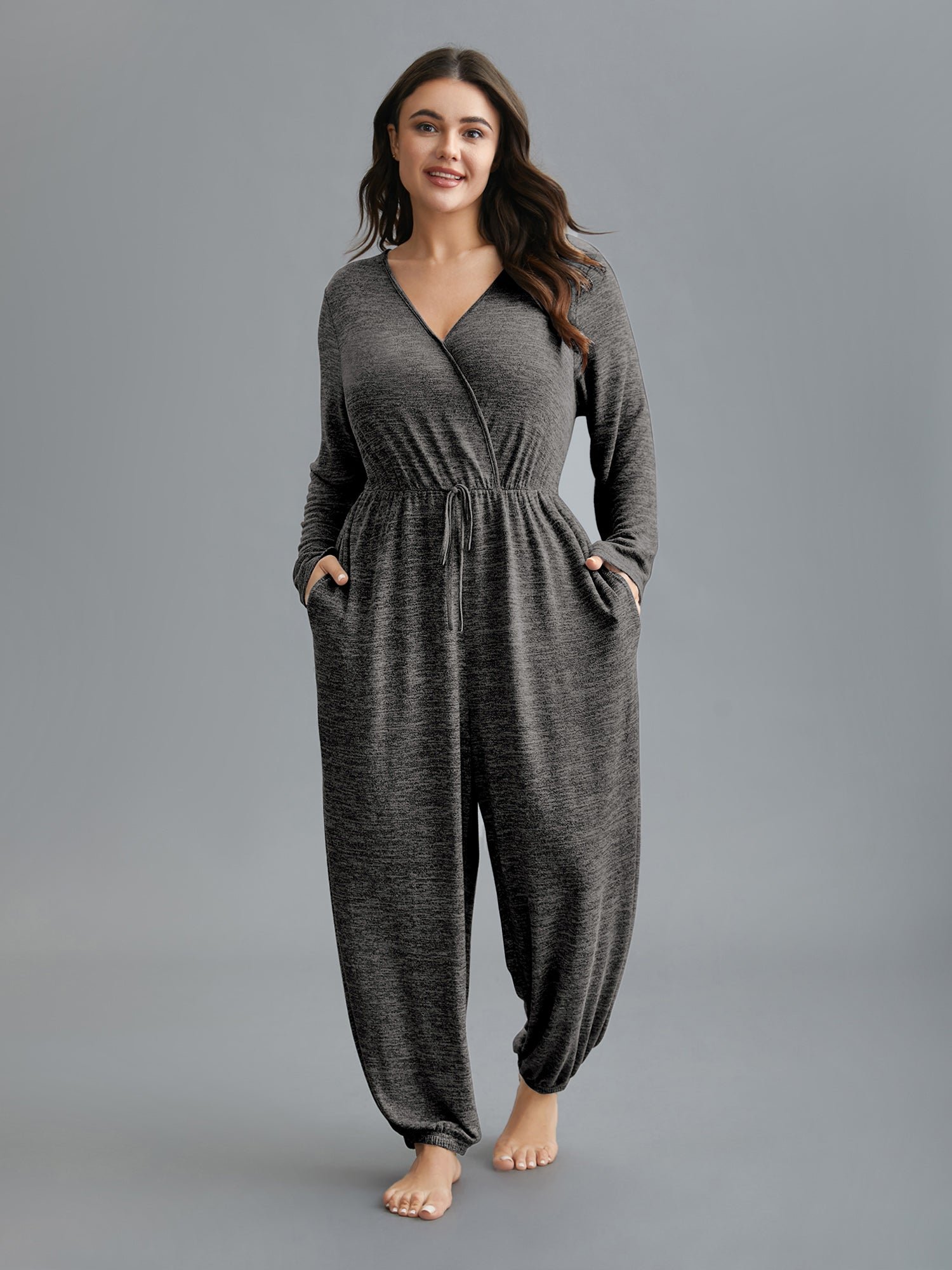 Elastic Waist Overlap Collar Lounge Jumpsuit - Image 7