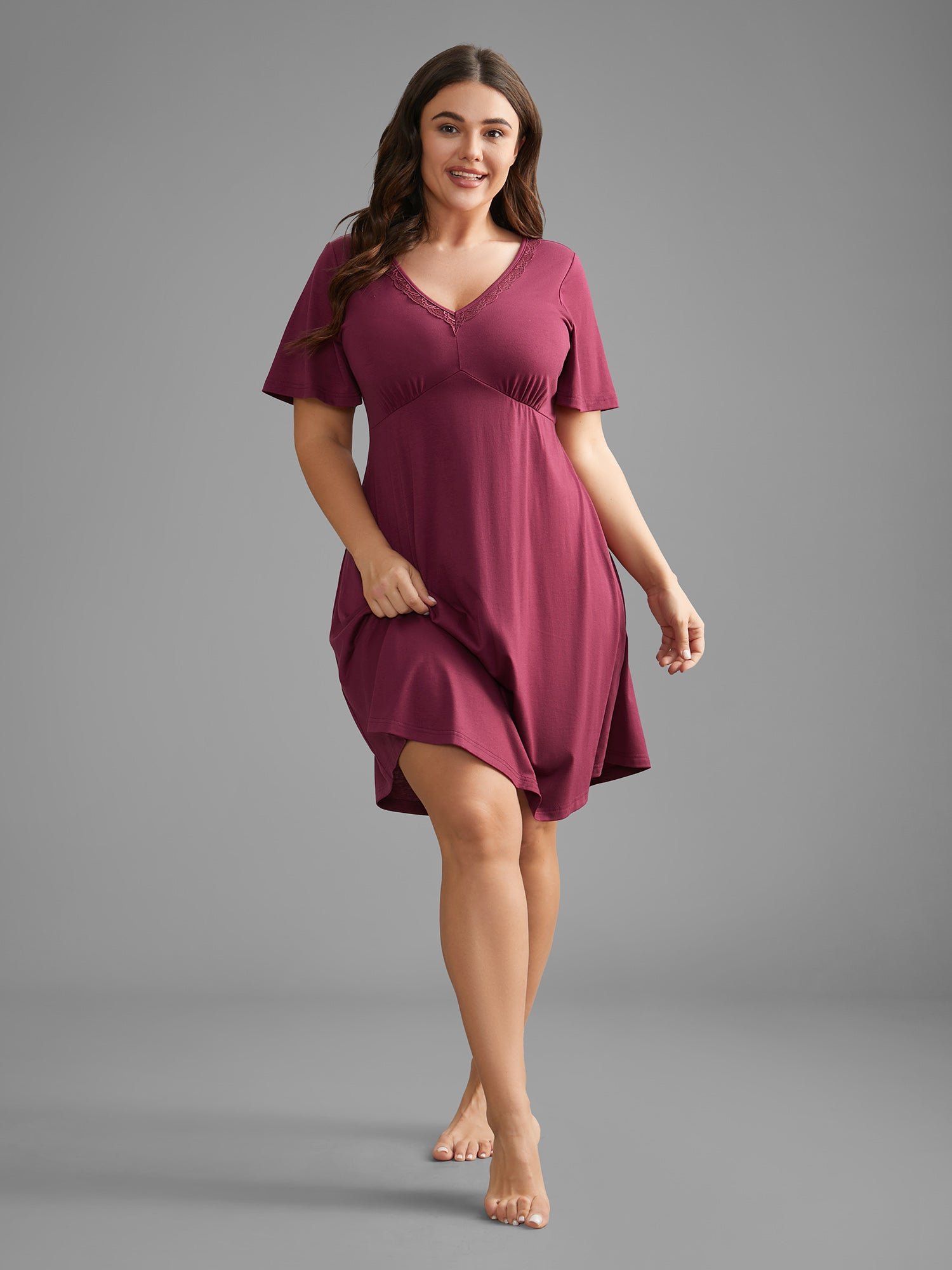 V Neck Lace Trim Sleep Ruffle Sleeve Dress - Image 3